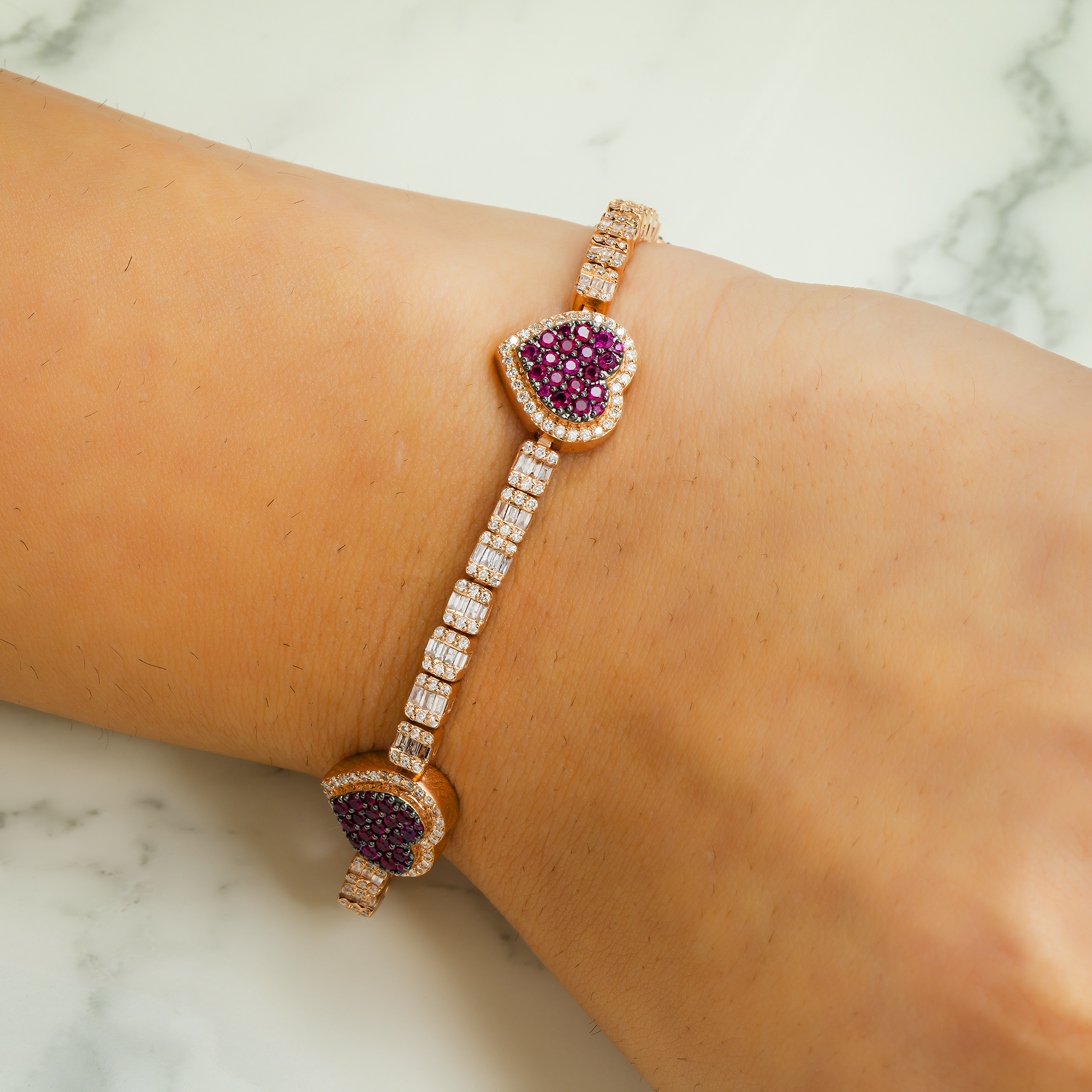 10K GOLD BAGUETTE & ROUND DIAMONDS GEMSTONE HEART BRACELET 2.50 CTW