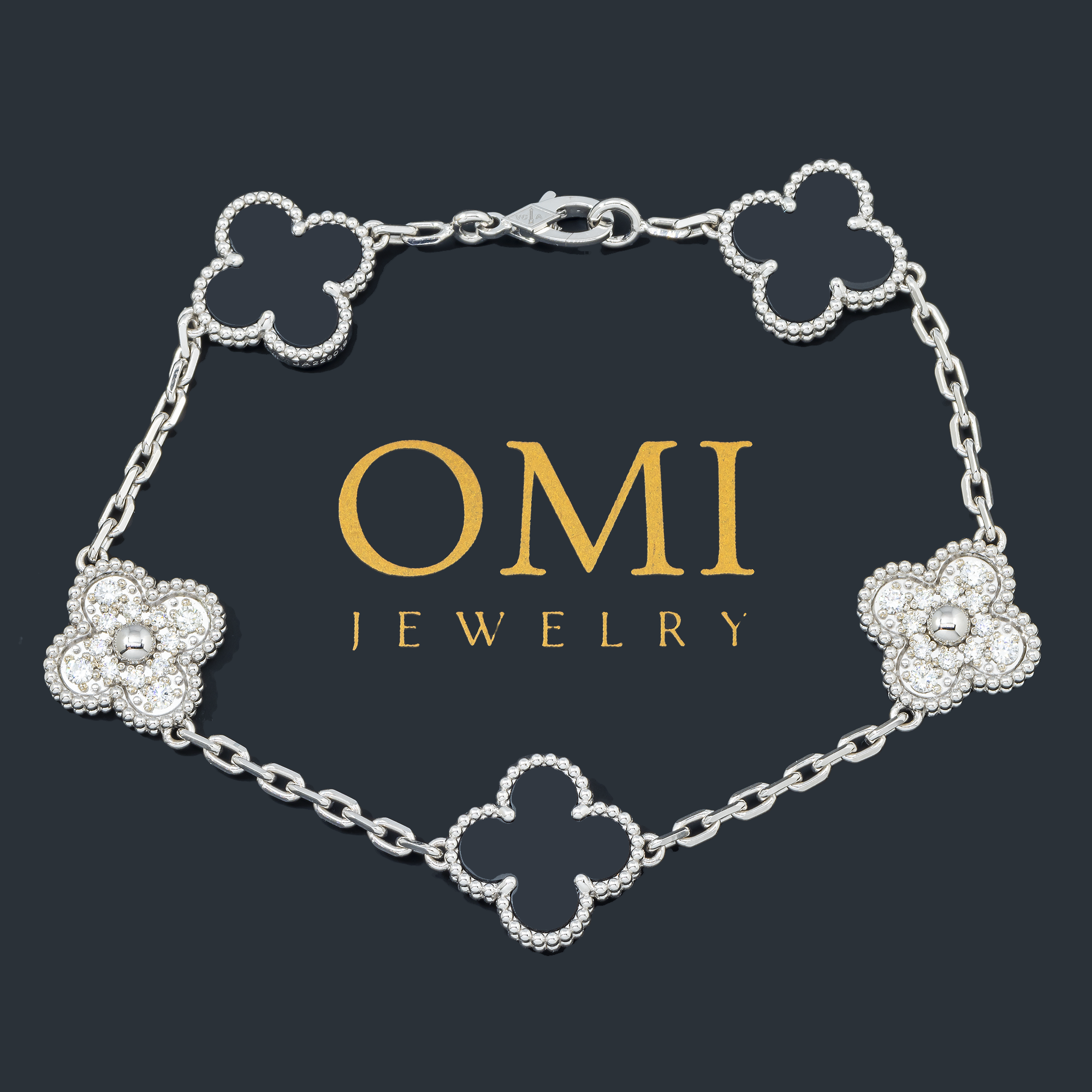 18K GOLD ROUND DIAMOND AND BLACK CLOVER CHAIN BRACELET 0.55 CT