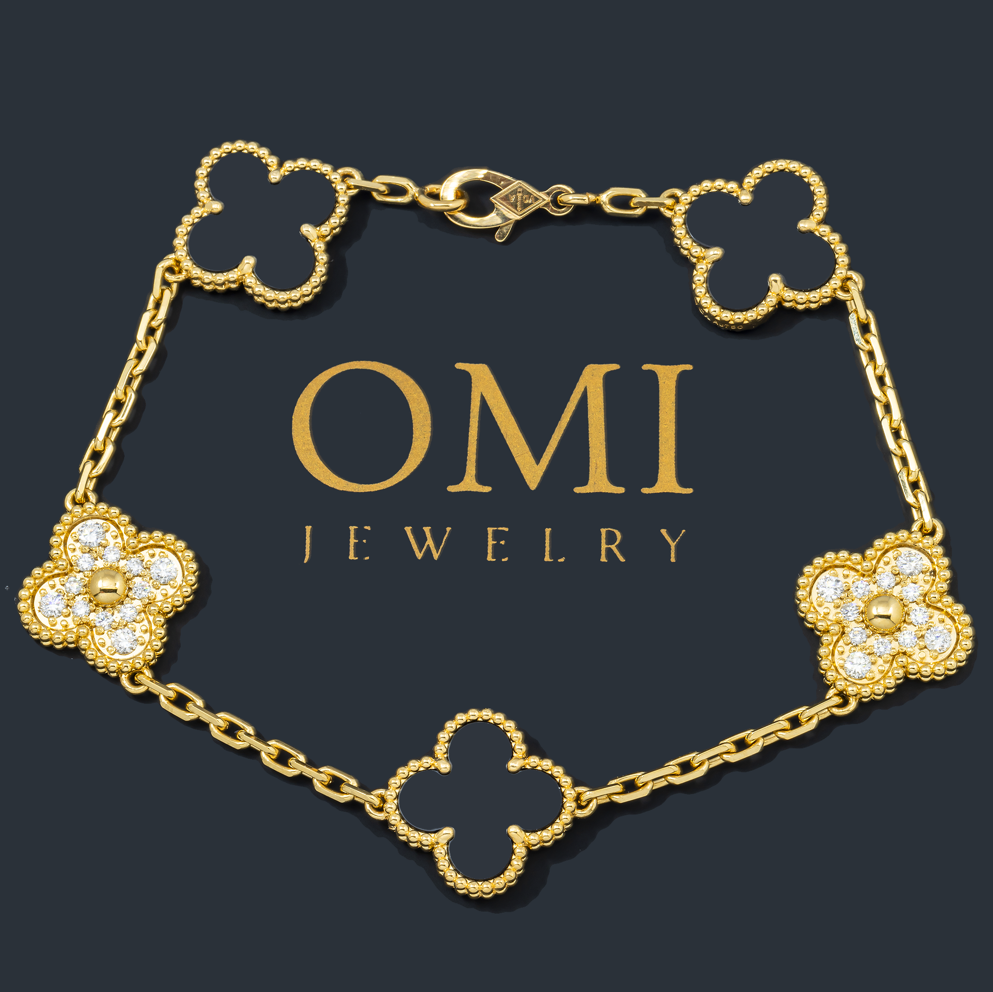 18K GOLD ROUND DIAMOND AND BLACK CLOVER CHAIN BRACELET 0.55 CT