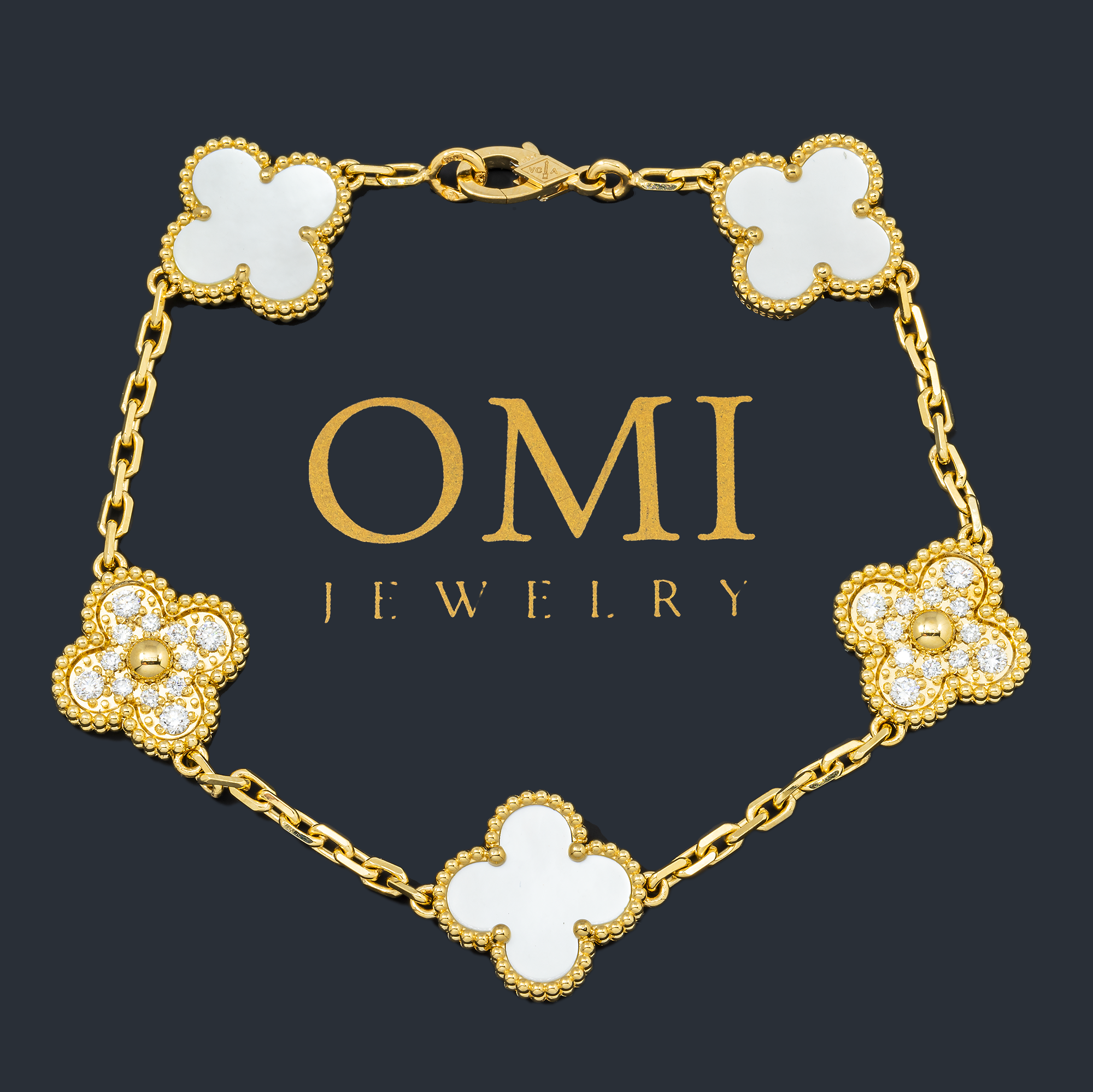 18K GOLD ROUND DIAMOND AND WHITE CLOVER CHAIN BRACELET 0.55 CT