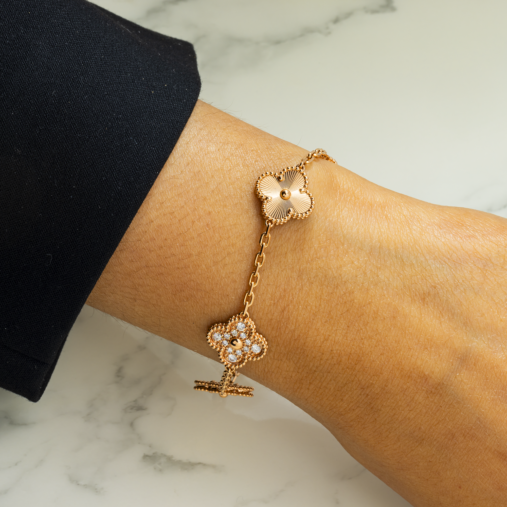 18K GOLD ROUND DIAMOND CLOVER CHAIN BRACELET 0.55 CT