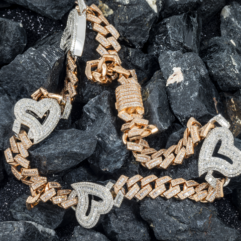 10K GOLD TWO TONE DIAMOND 10MM CUBAN LINK HEART CHAIN 12.66 CT