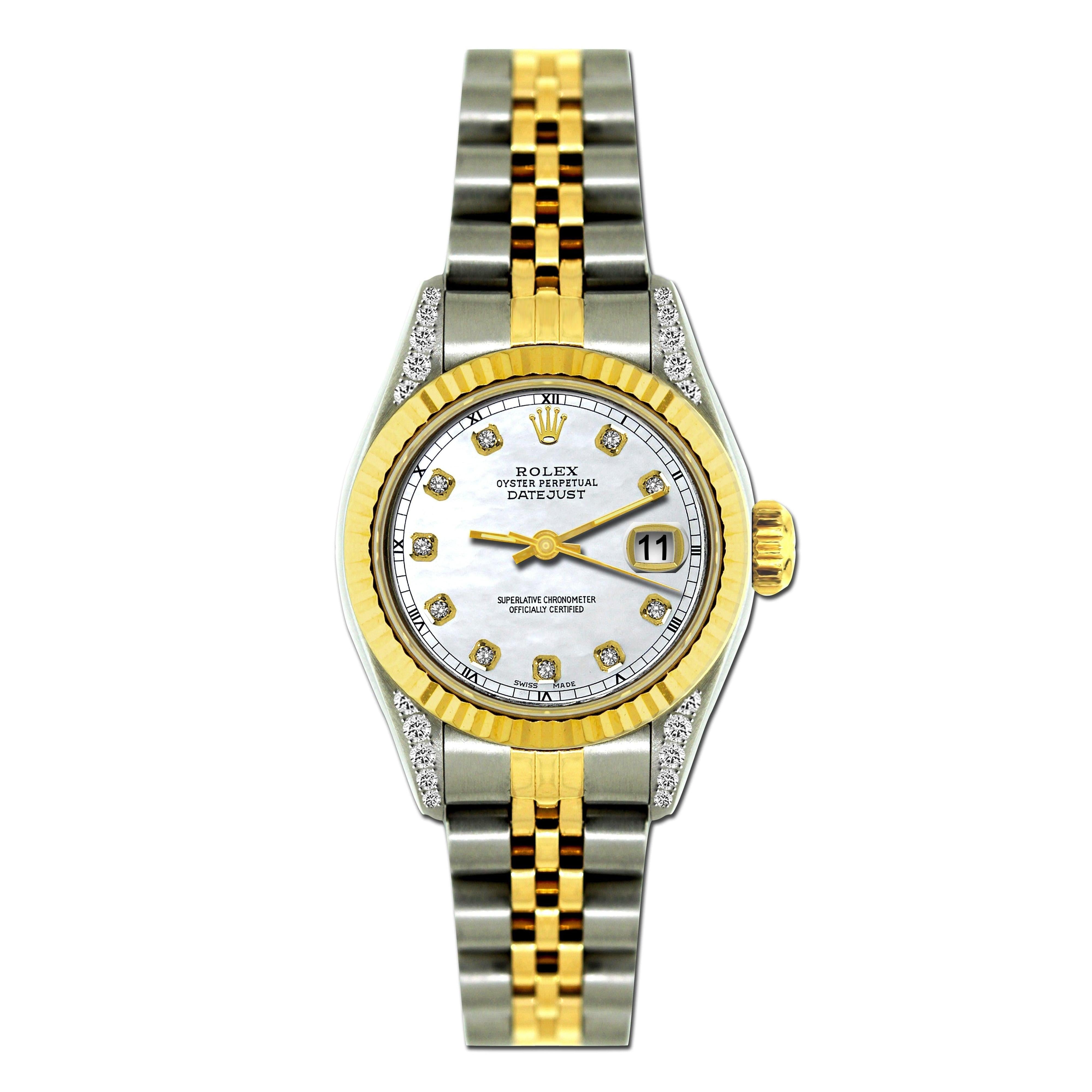 Rolex Datejust 26MM 69173 Mother of Pearl Diamond Dial Yellow Gold Fluted Bezel Two Tone Jubilee Bracelet