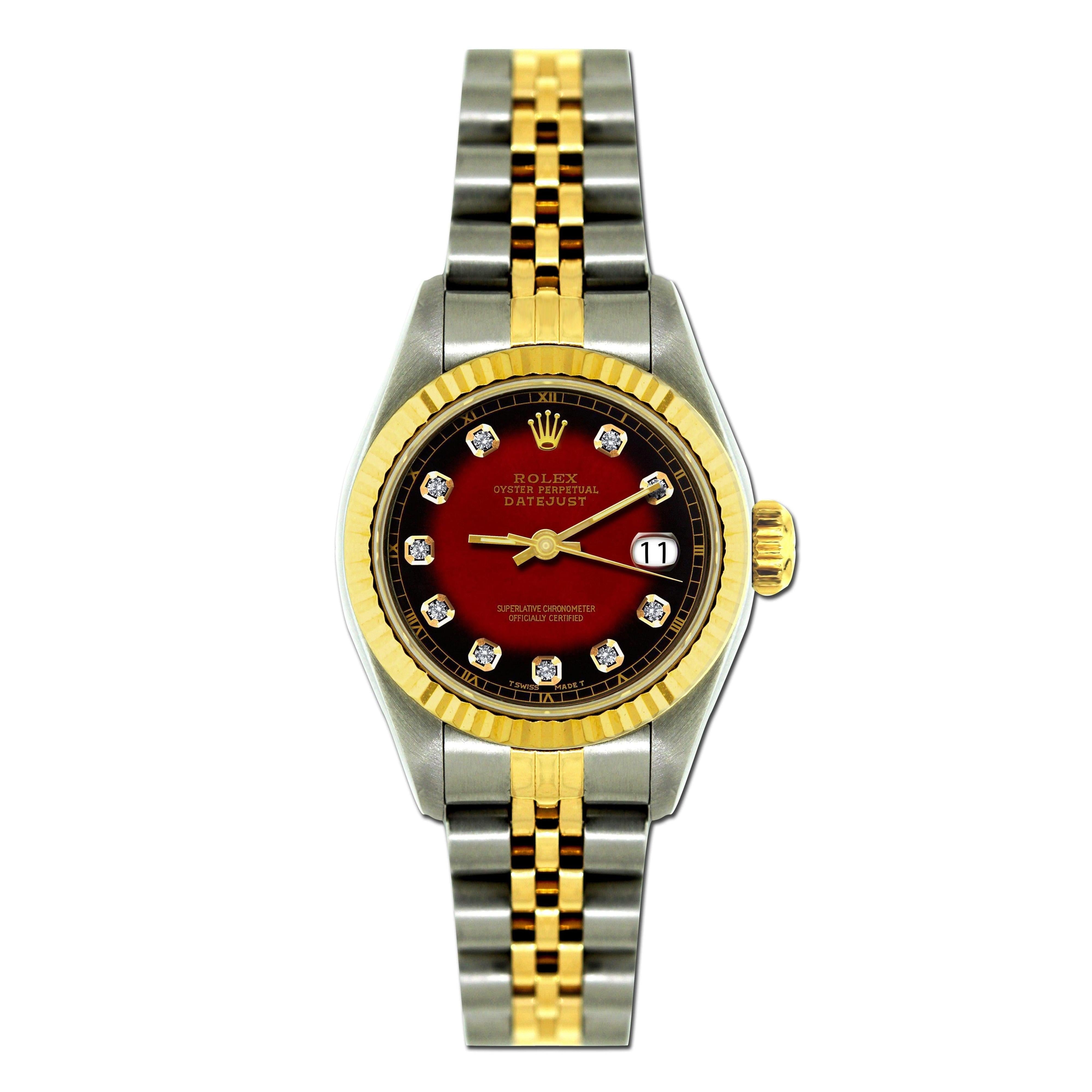 Rolex Datejust 26MM 69173 Red Diamond Dial Yellow Gold Fluted Bezel Two Tone Jubilee Bracelet
