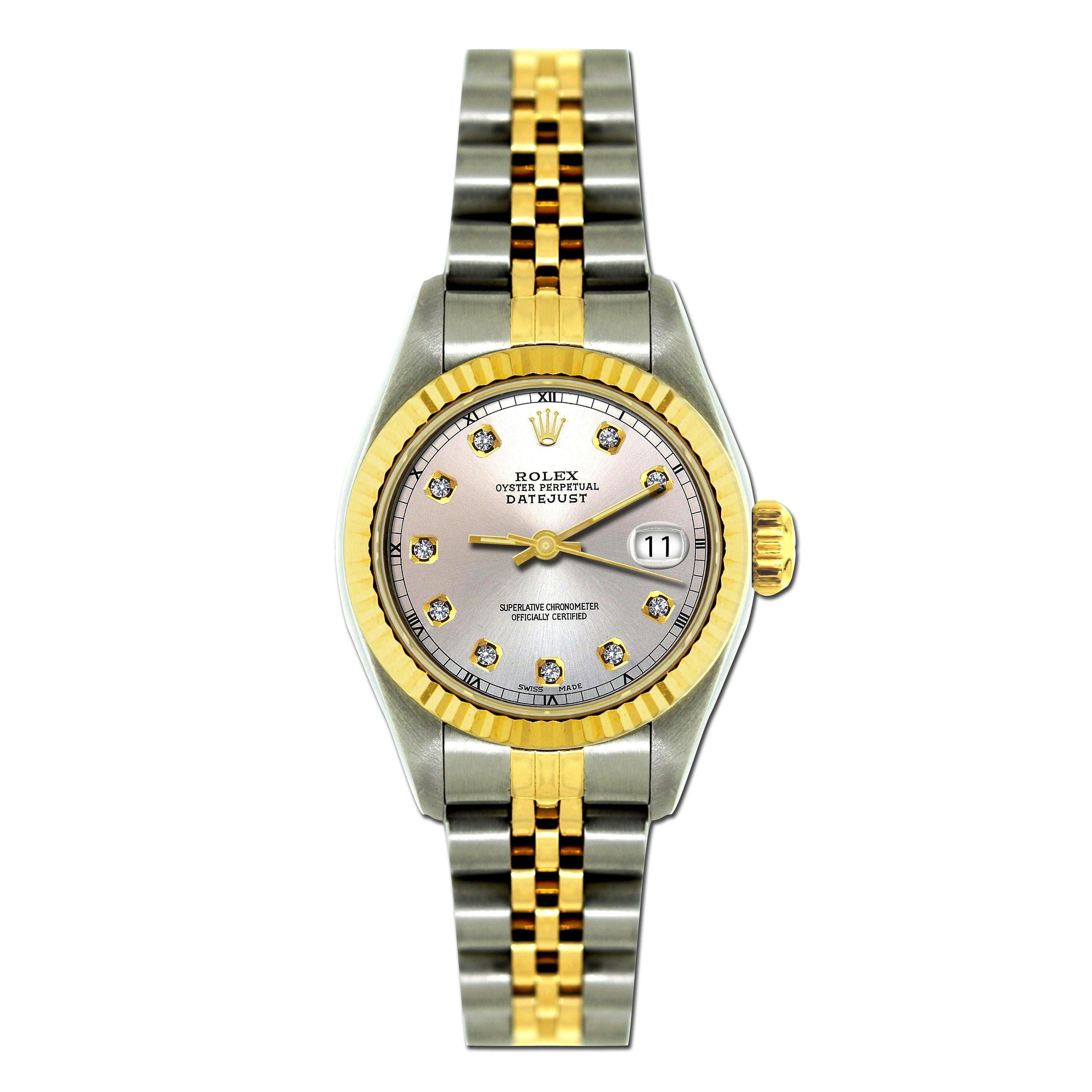 Rolex Datejust 26MM 69173 Silver Diamond Dial Yellow Gold Fluted Bezel Two Tone Jubilee Bracelet