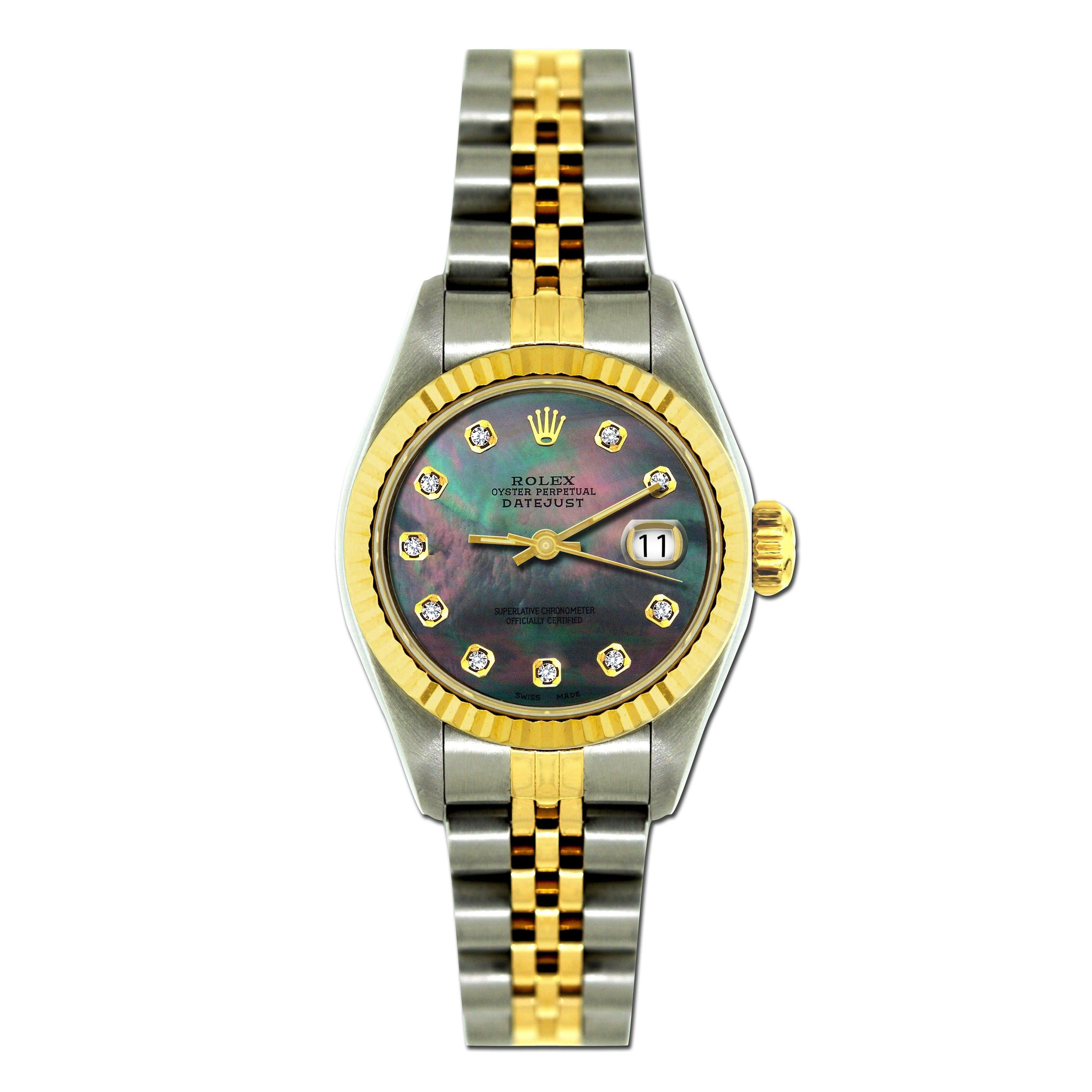 Rolex Datejust 26MM 69173 Black Mother of Pearl Diamond Dial Yellow Gold Fluted Bezel Two Tone Jubilee Bracelet