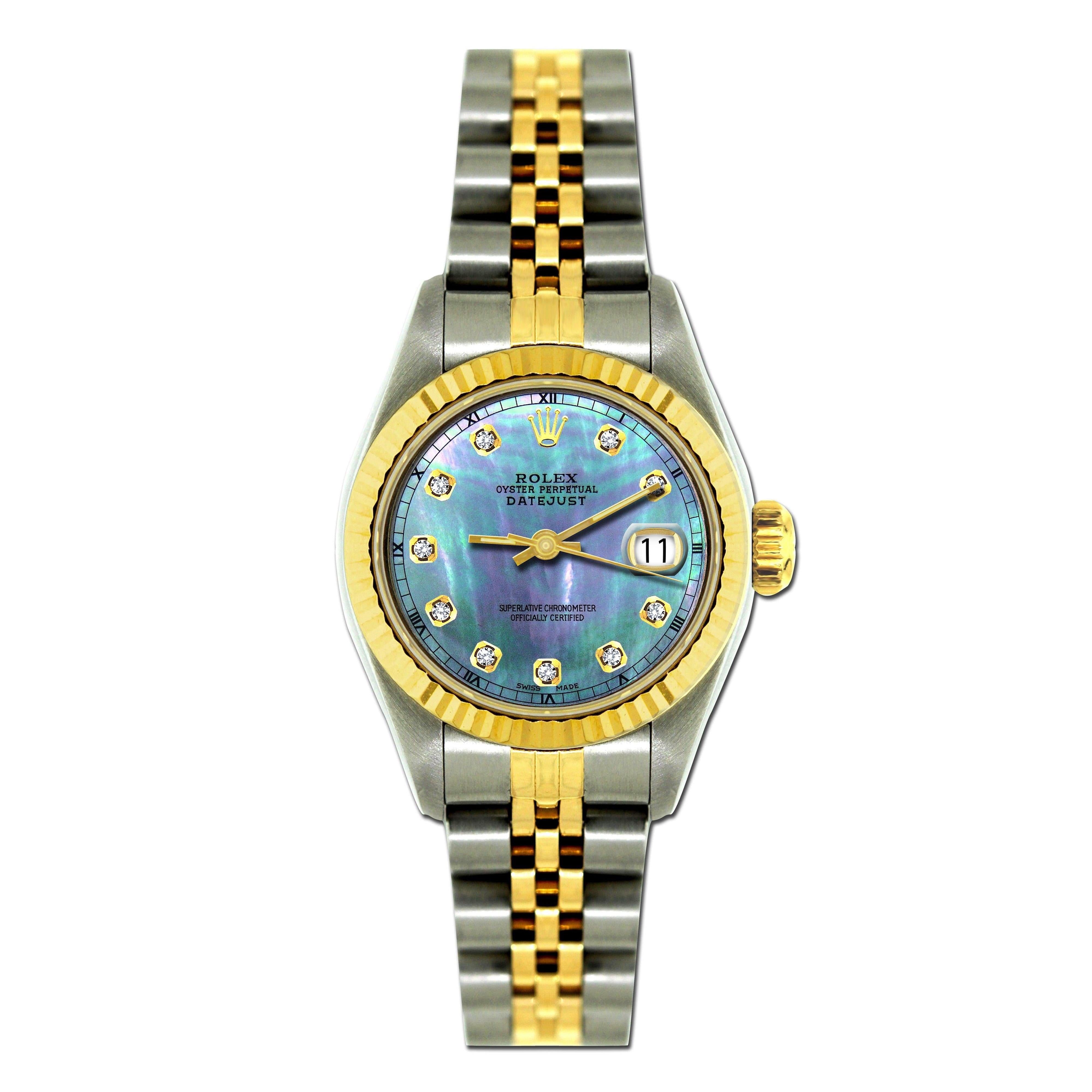 Rolex Datejust 26MM 69173 Blue Mother of Pearl Diamond Dial Yellow Gold Fluted Bezel Two Tone Jubilee Bracelet
