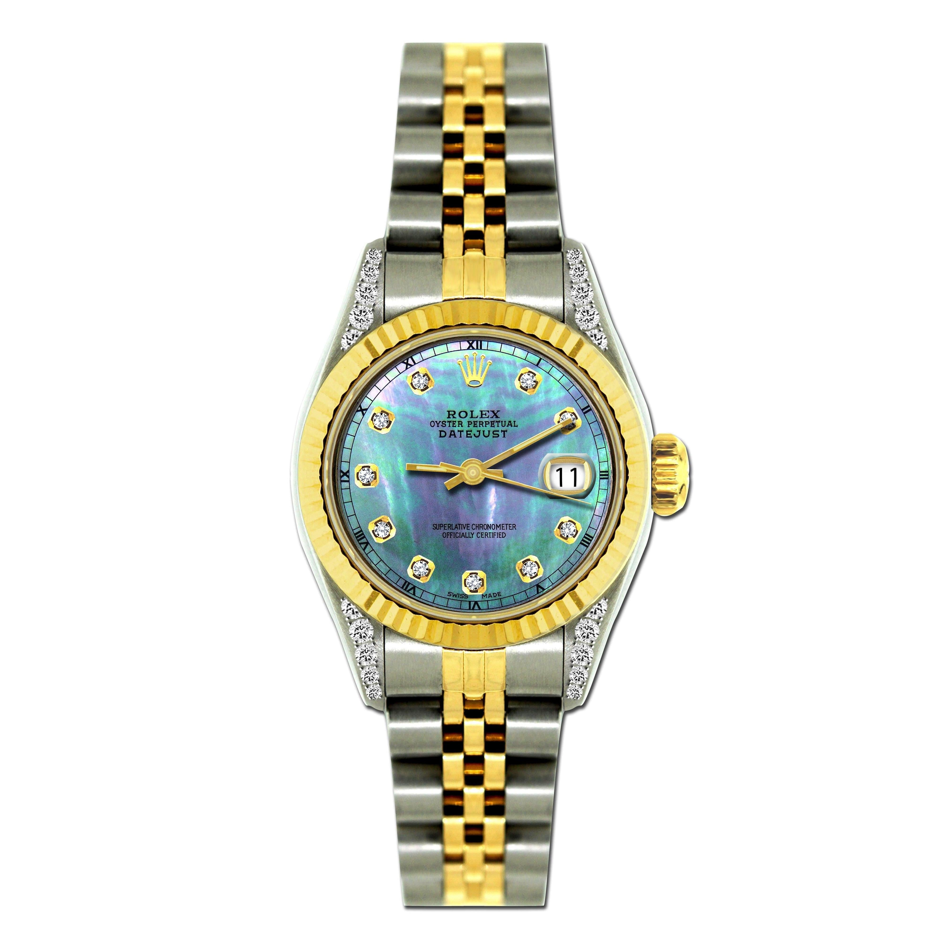 Rolex Datejust 26MM 69173 Blue Mother of Pearl Diamond Dial Yellow Gold Fluted Bezel Two Tone Jubilee Bracelet