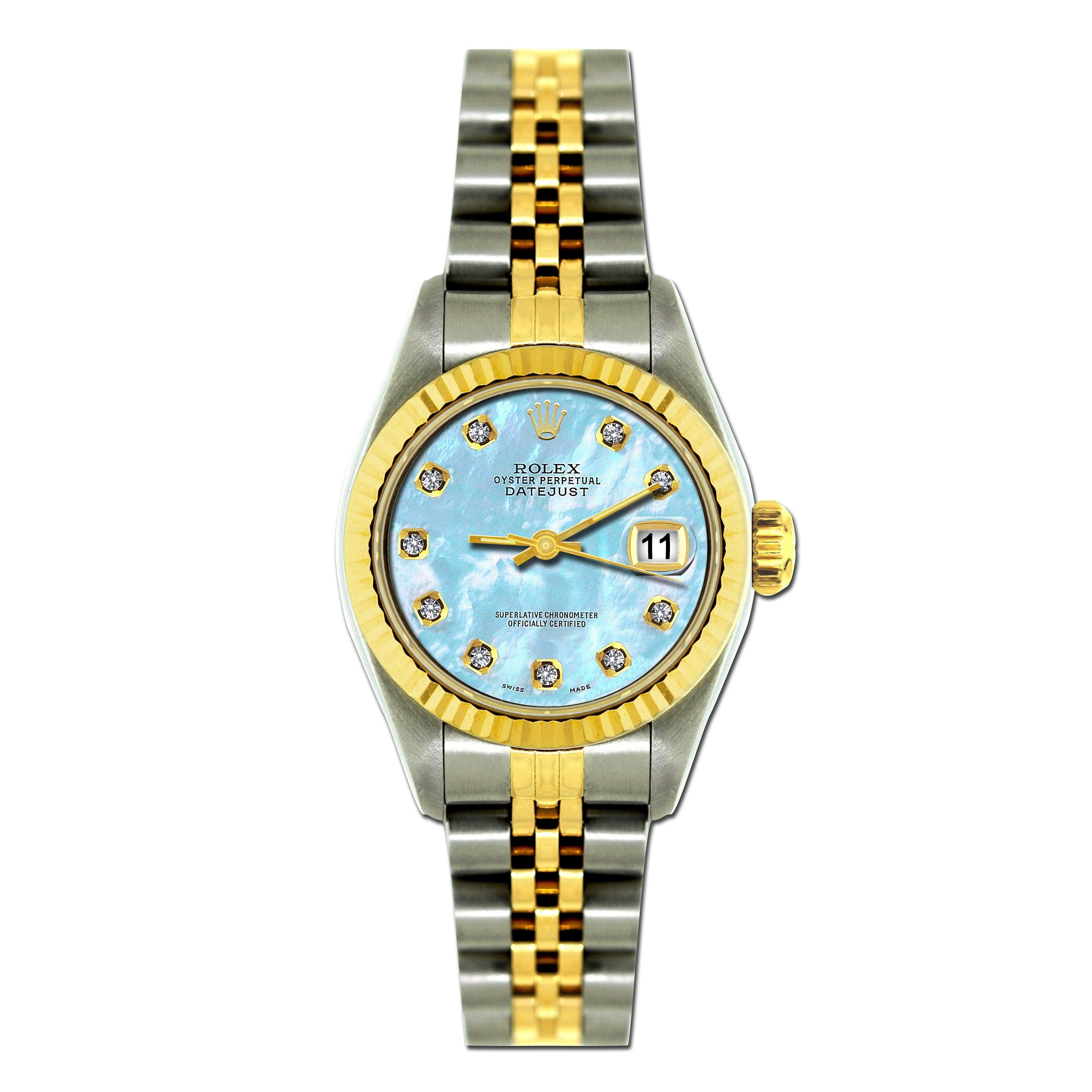 Rolex Datejust 26MM 69173 Blue Mother of Pearl Diamond Dial Yellow Gold Fluted Bezel Two Tone Jubilee Bracelet