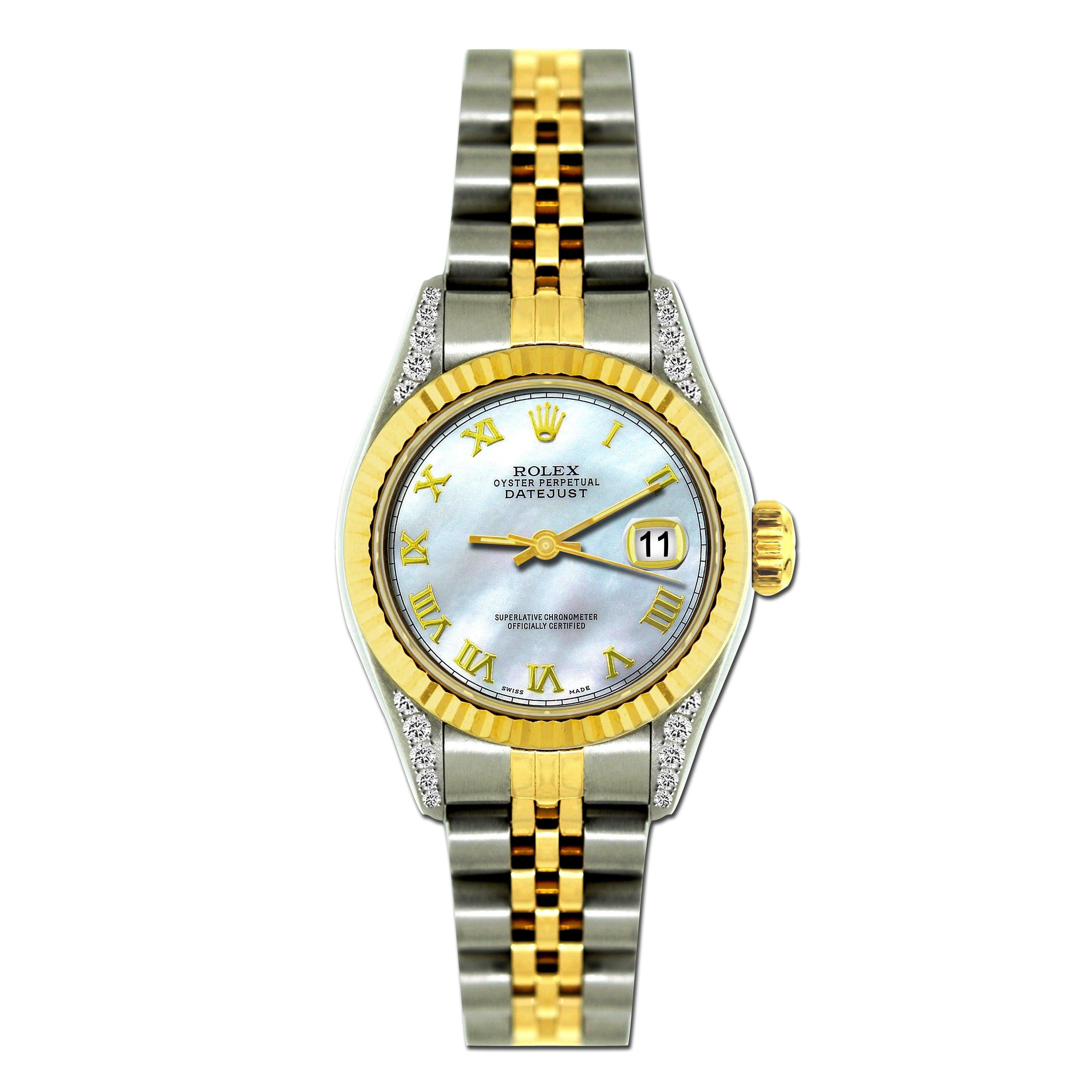 Rolex Datejust 26MM 69173 Mother of Pearl Roman Dial Yellow Gold Fluted Bezel Two Tone Jubilee Bracelet