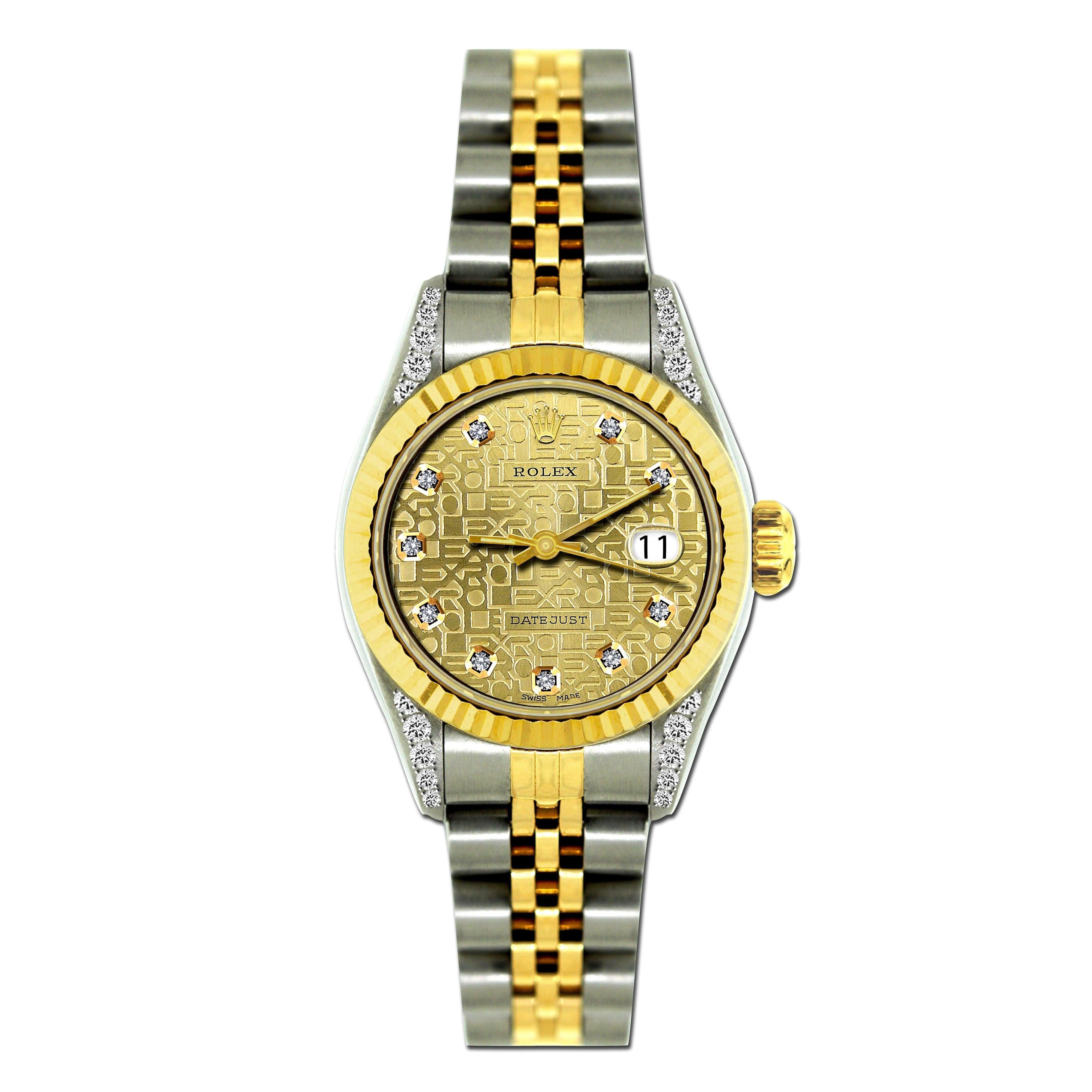 Rolex Datejust 26MM 69173 Champagne Pattern Diamond Dial Yellow Gold Fluted Bezel Two Tone Jubilee Bracelet