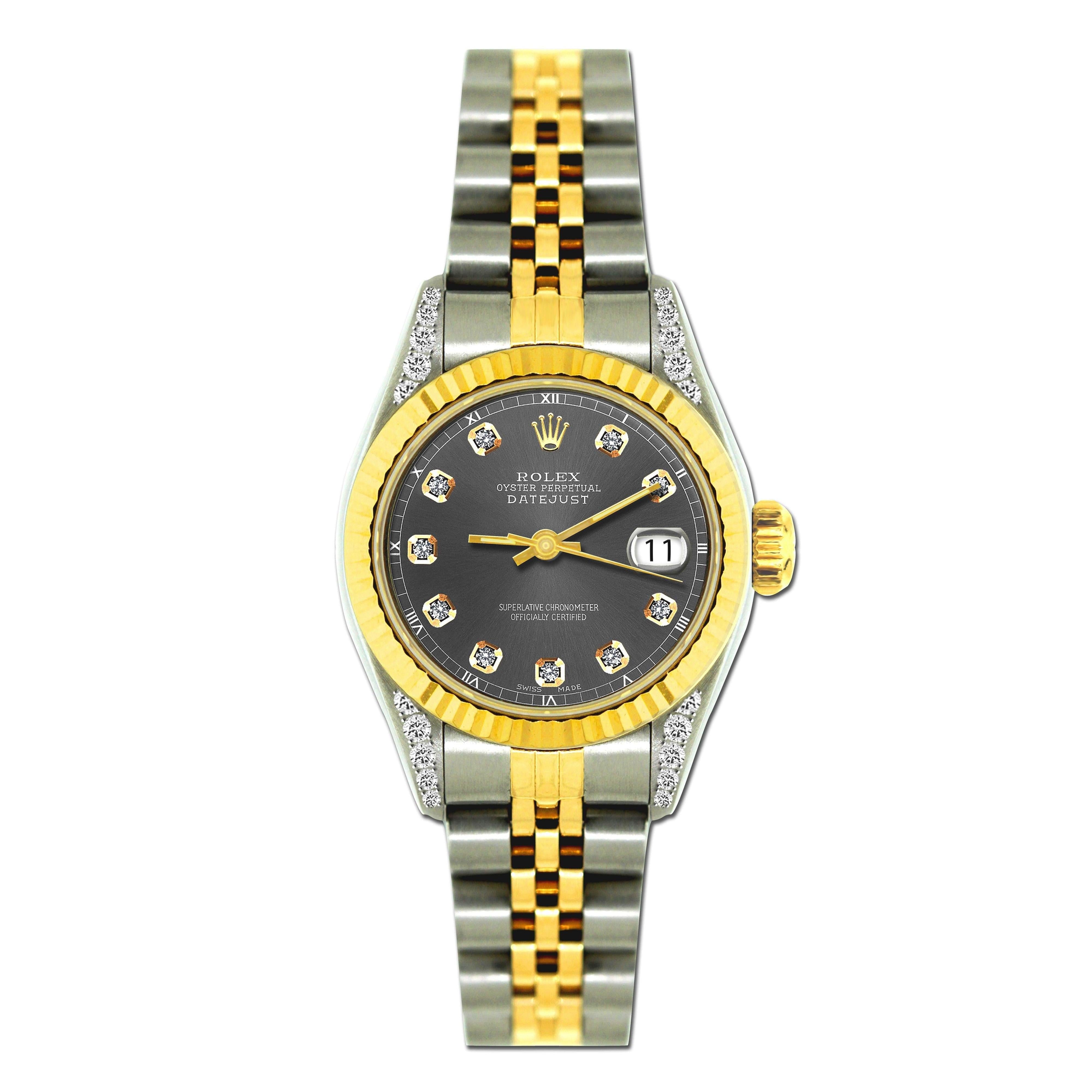 Rolex Datejust 26MM 69173 Slate Gray Diamond Dial Yellow Gold Fluted Bezel Two Tone Jubilee Bracelet