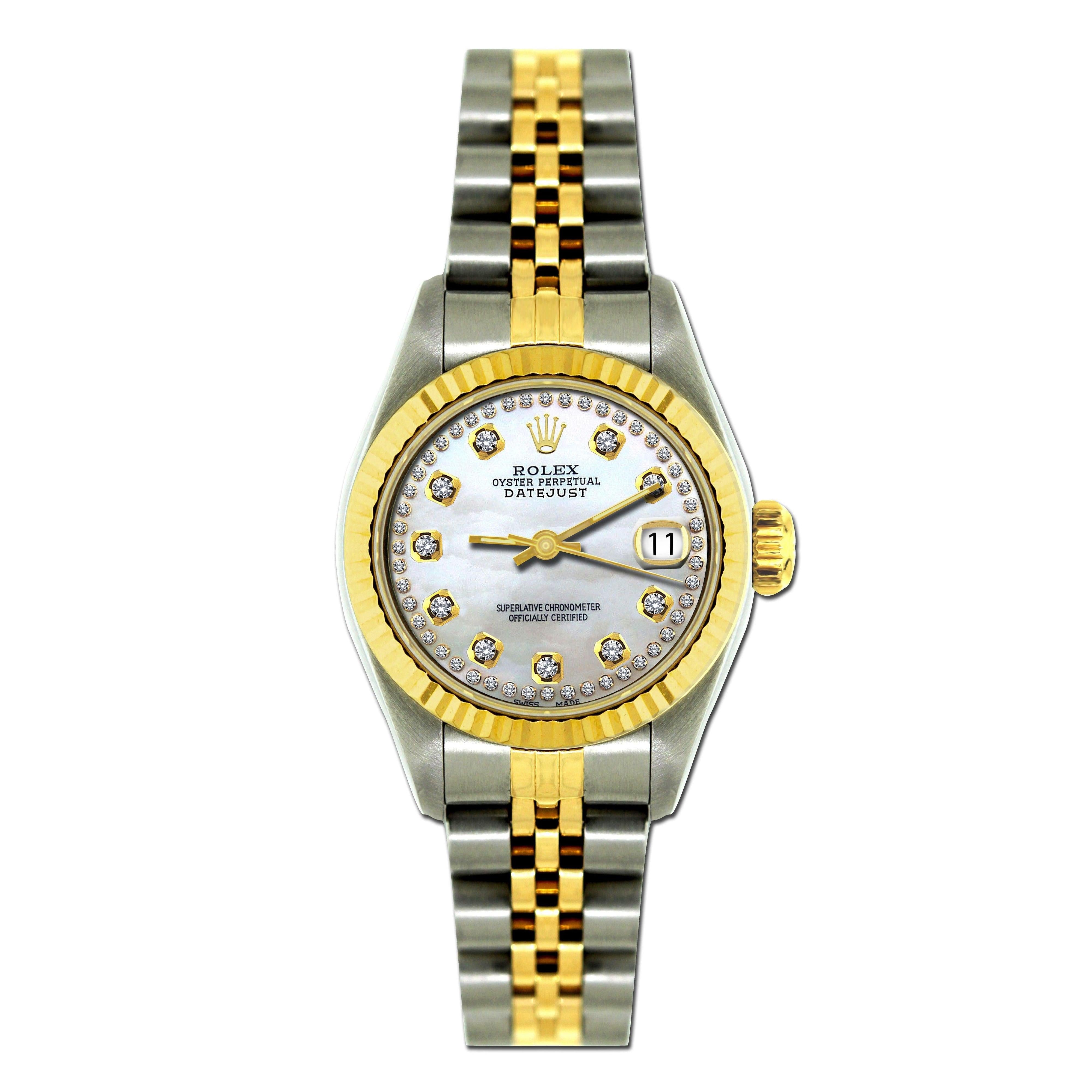 Rolex Datejust 26MM 69173 Mother of Pearl Diamond Dial Yellow Gold Fluted Bezel Two Tone Jubilee Bracelet