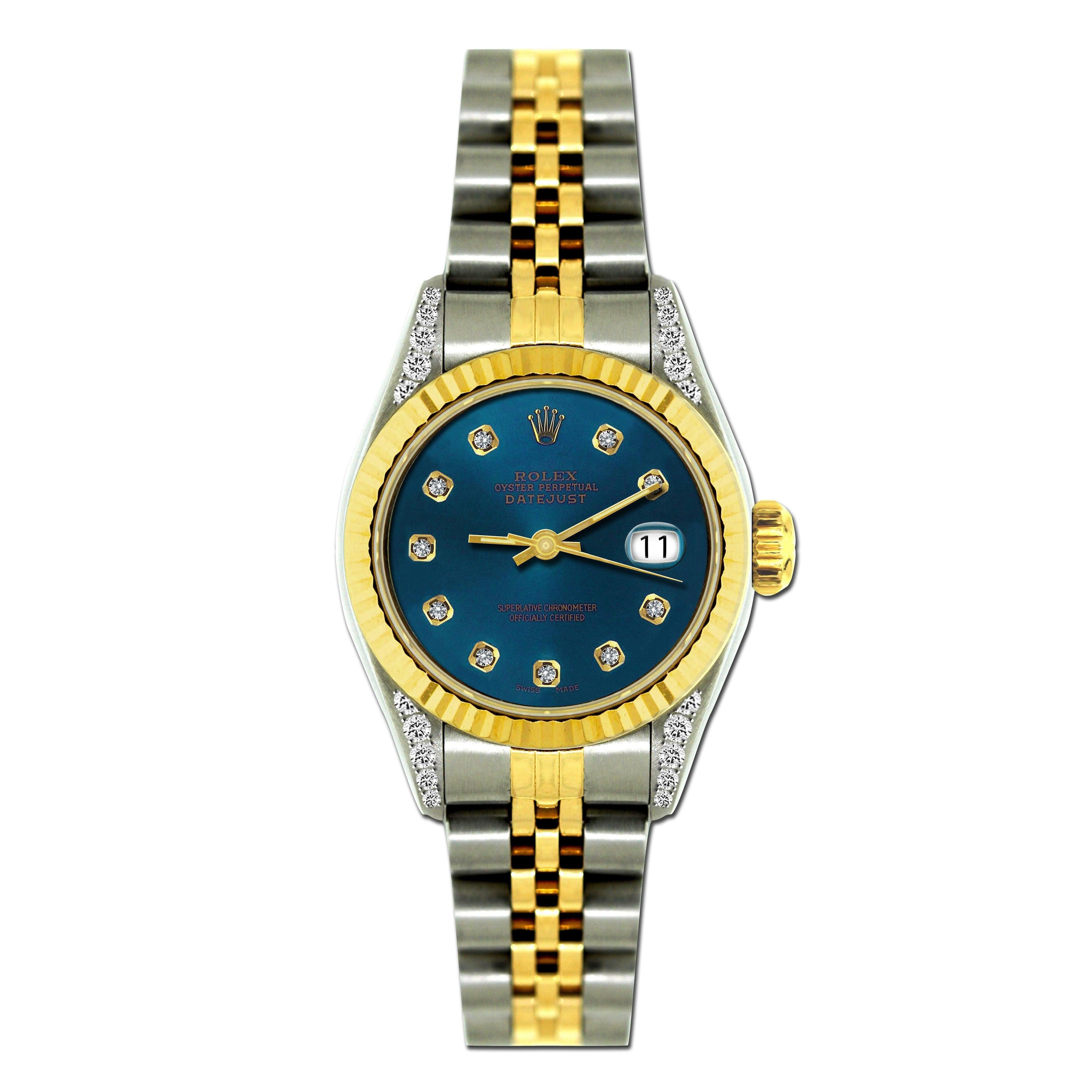 Rolex Datejust 26MM 69173 Blue Diamond Dial Yellow Gold Fluted Bezel Two Tone Jubilee Bracelet