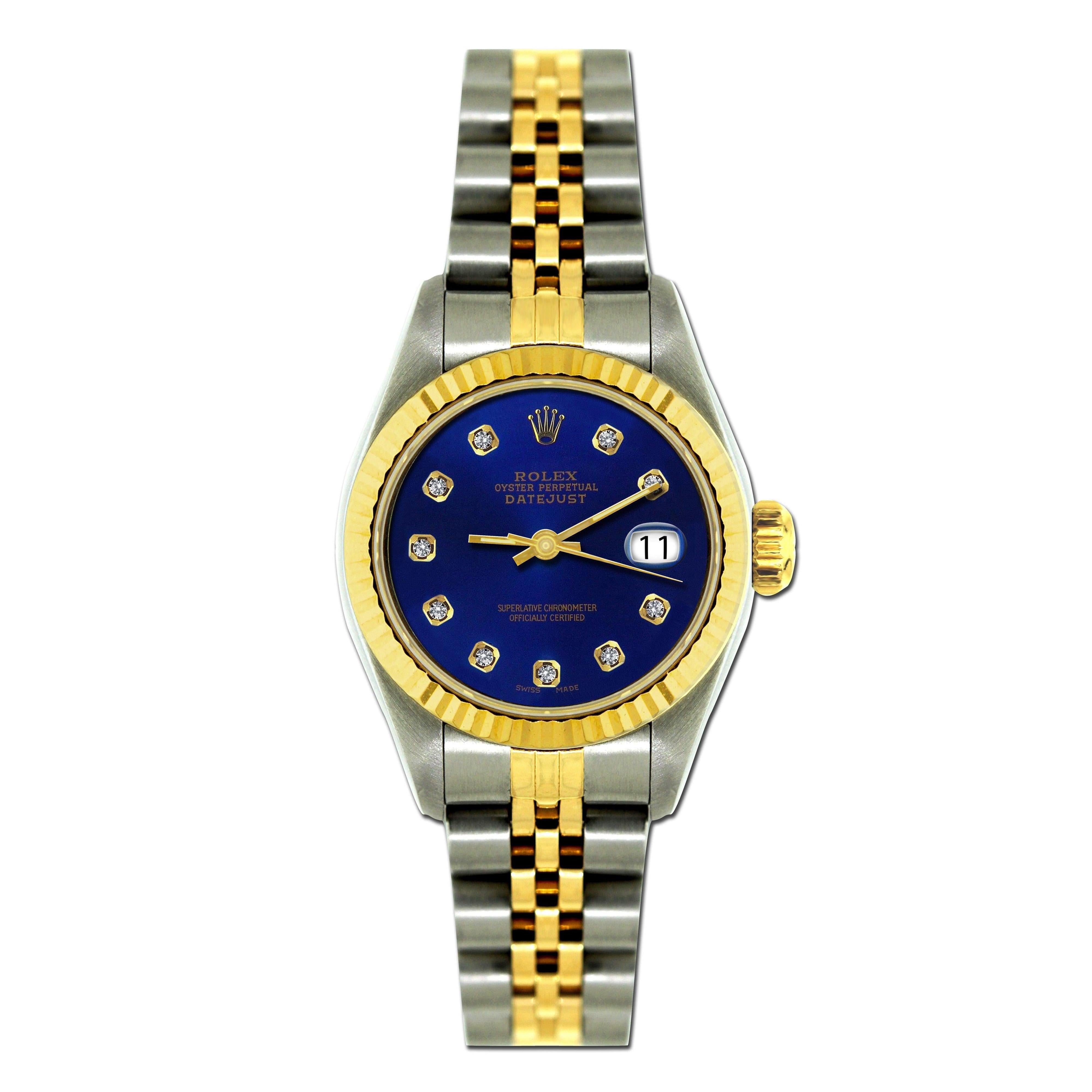 Rolex Datejust 26MM 69173 Blue Diamond Dial Yellow Gold Fluted Bezel Two Tone Jubilee Bracelet