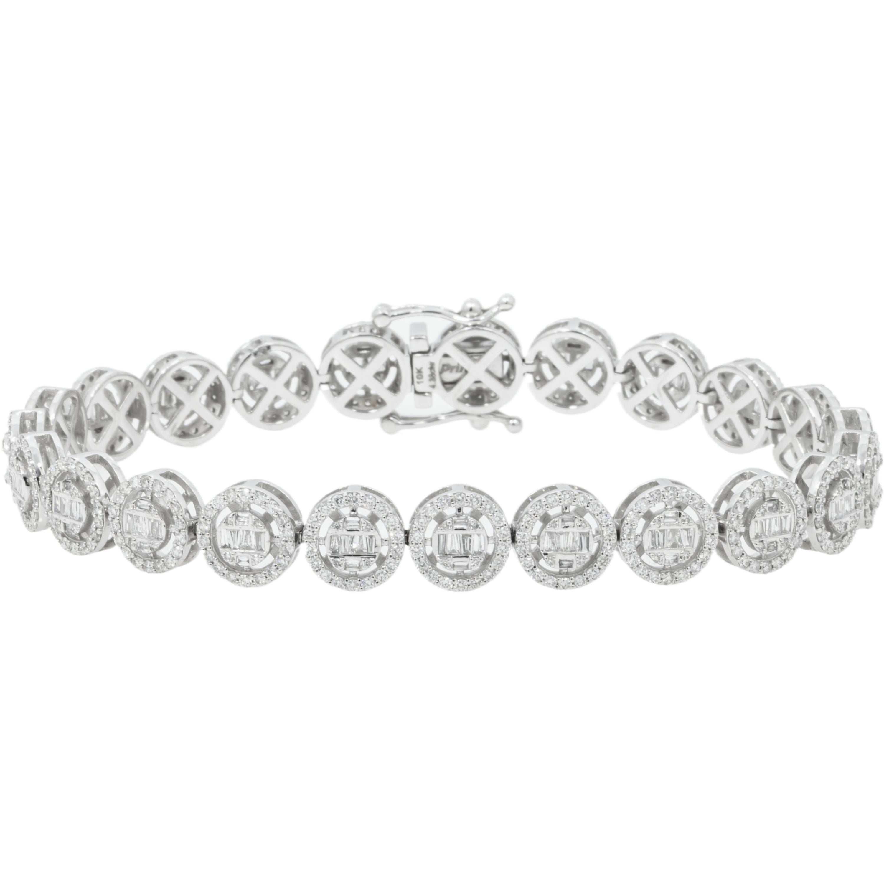 10K GOLD BAGUETTE AND ROUND DIAMONDS CIRCULAR SHAPED BRACELET 4.38 CT