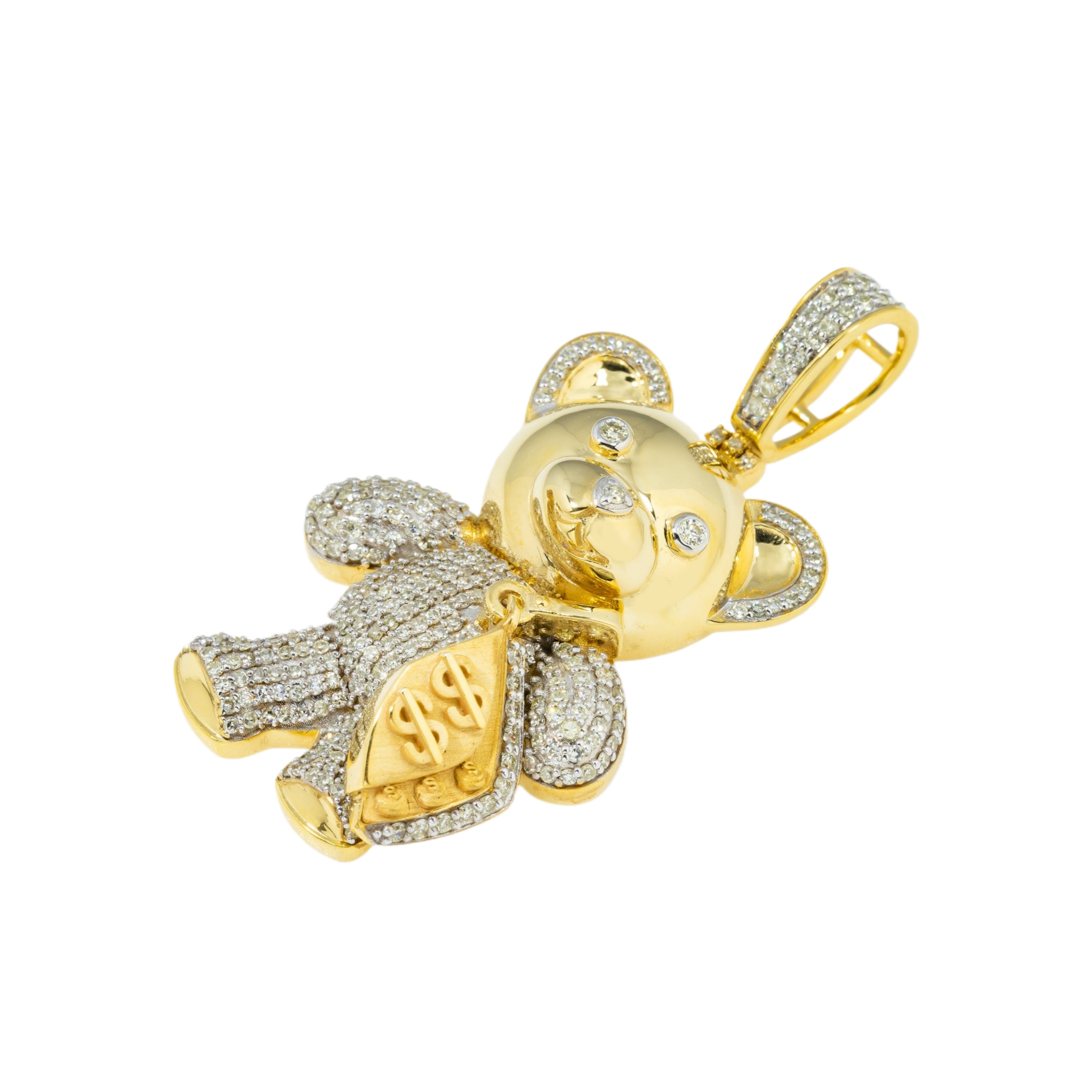 10K GOLD ROUND DIAMOND BEAR WITH MONEY BAG PENDANT 1.10 CT