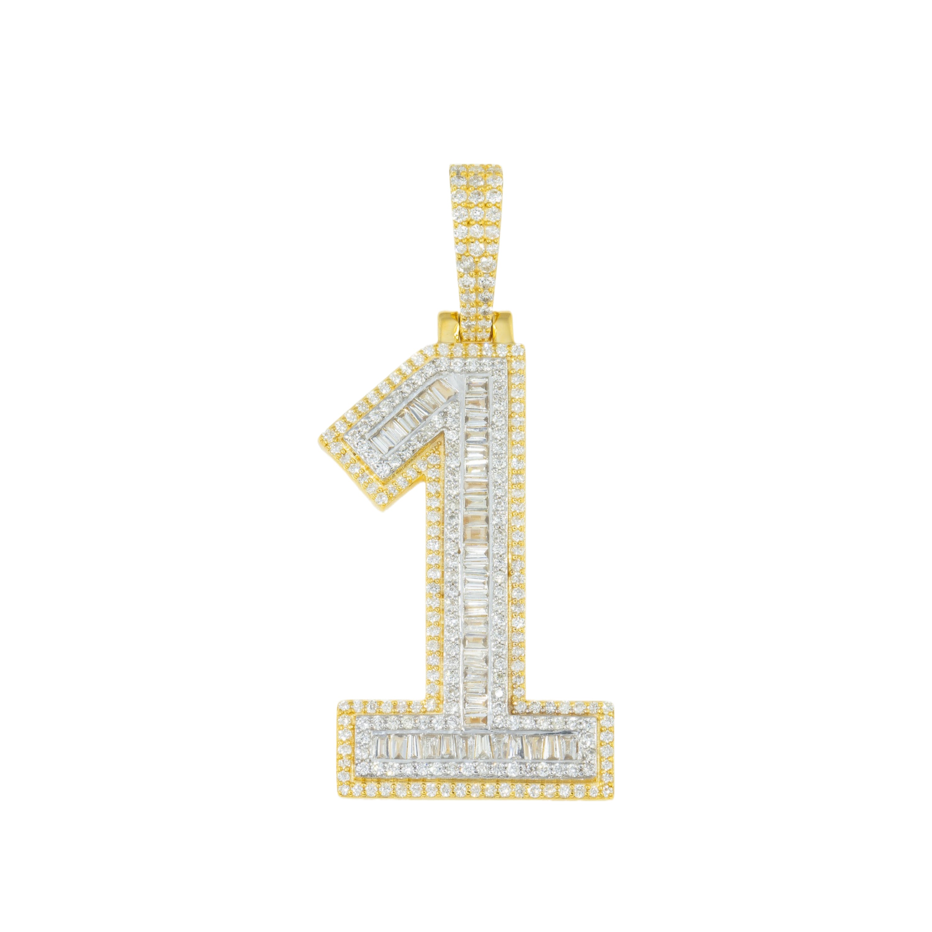 10K GOLD BAGUETTE AND ROUND DIAMOND NUMBER 1 PENDANT 1.33 CT