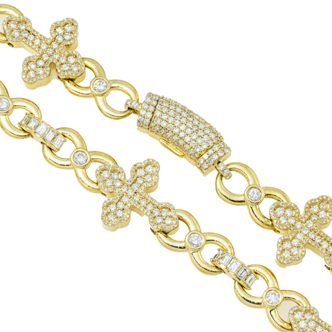 10K GOLD 10MM ROUND AND BAGUETTE DIAMOND INFINTY LINK CROSS CHAIN 15.25 CT