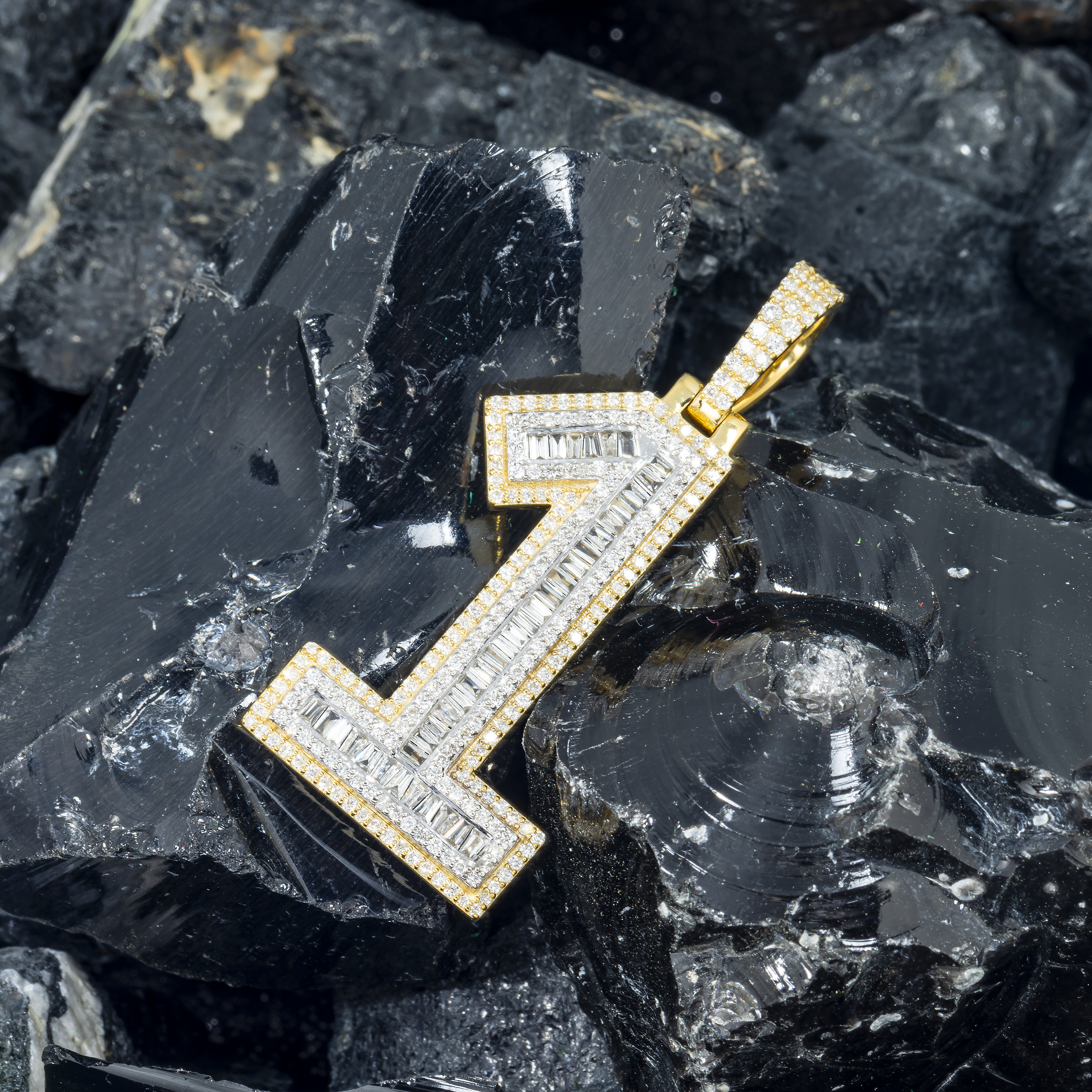 10K GOLD BAGUETTE AND ROUND DIAMOND NUMBER 1 PENDANT 1.33 CT