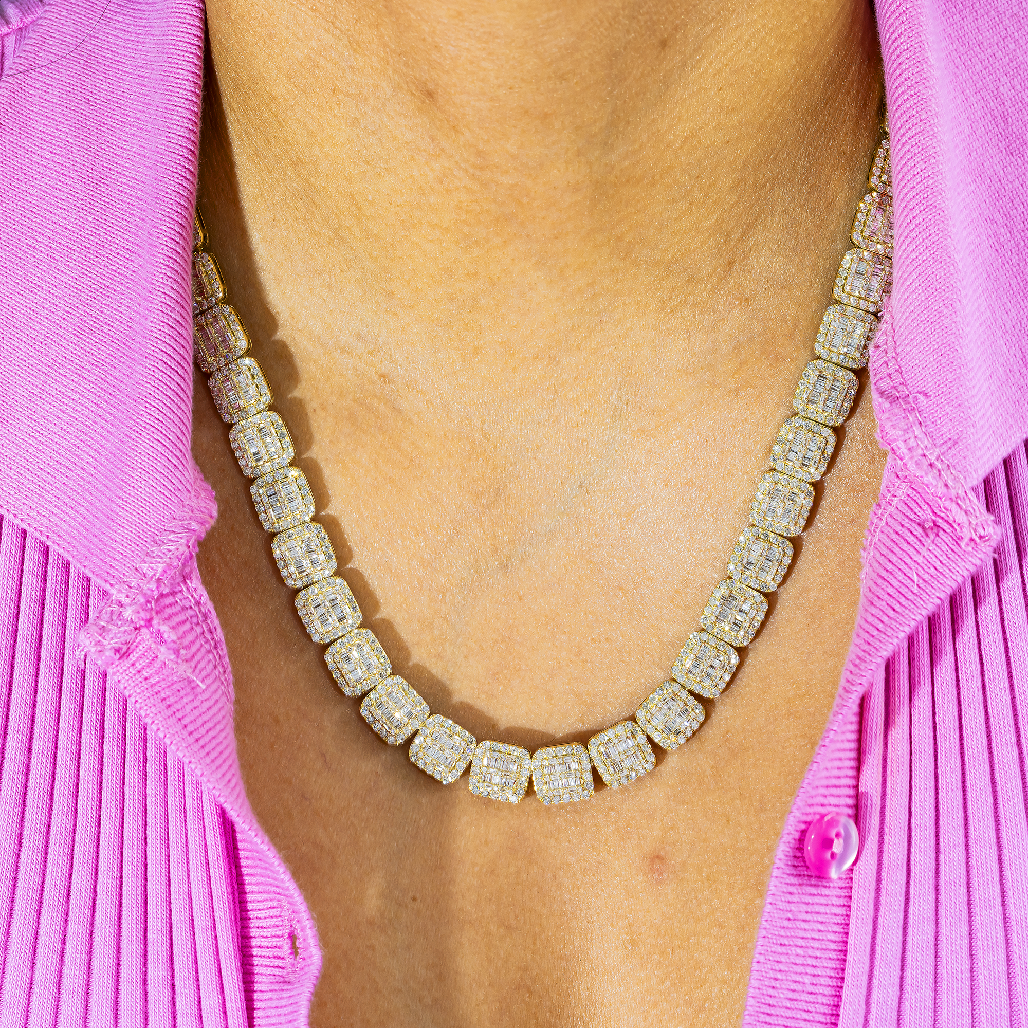 10K GOLD BAGUETTE AND ROUND DIAMOND CLUSTER SQUARE SHAPE CHAIN 11.00 CT