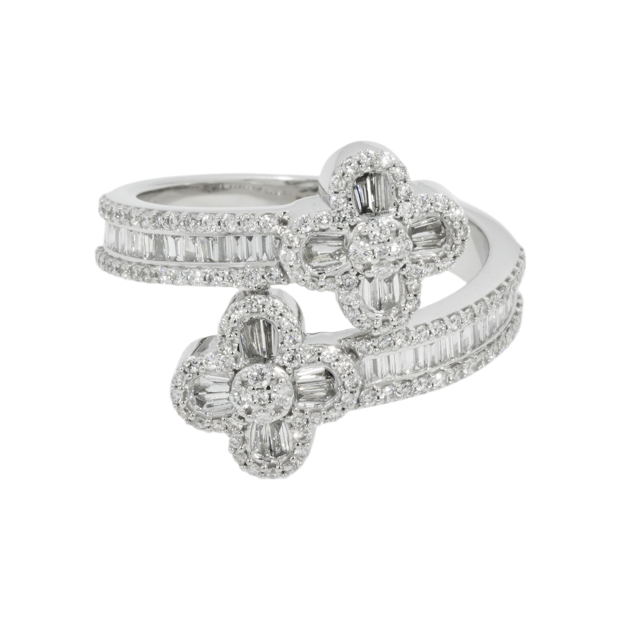 14K GOLD BAGUETTE AND ROUND DIAMOND DOUBLE CLOVER RING 1.09 CT