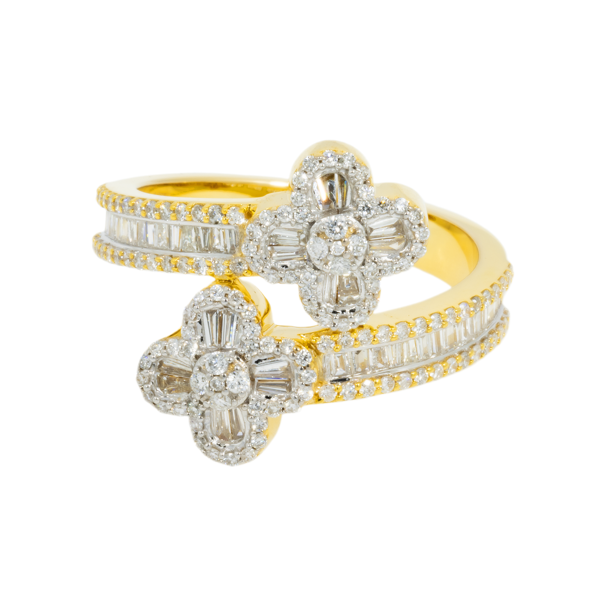 14K GOLD BAGUETTE AND ROUND DIAMOND DOUBLE CLOVER RING 1.09 CT