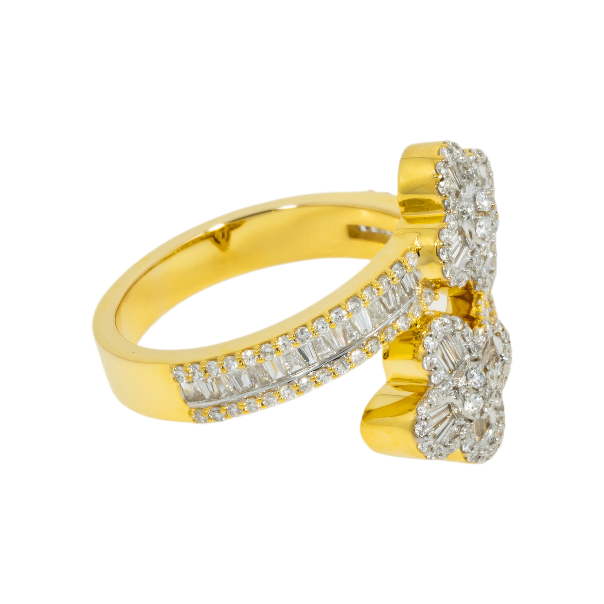 14K GOLD BAGUETTE AND ROUND DIAMOND DOUBLE CLOVER RING 1.09 CT