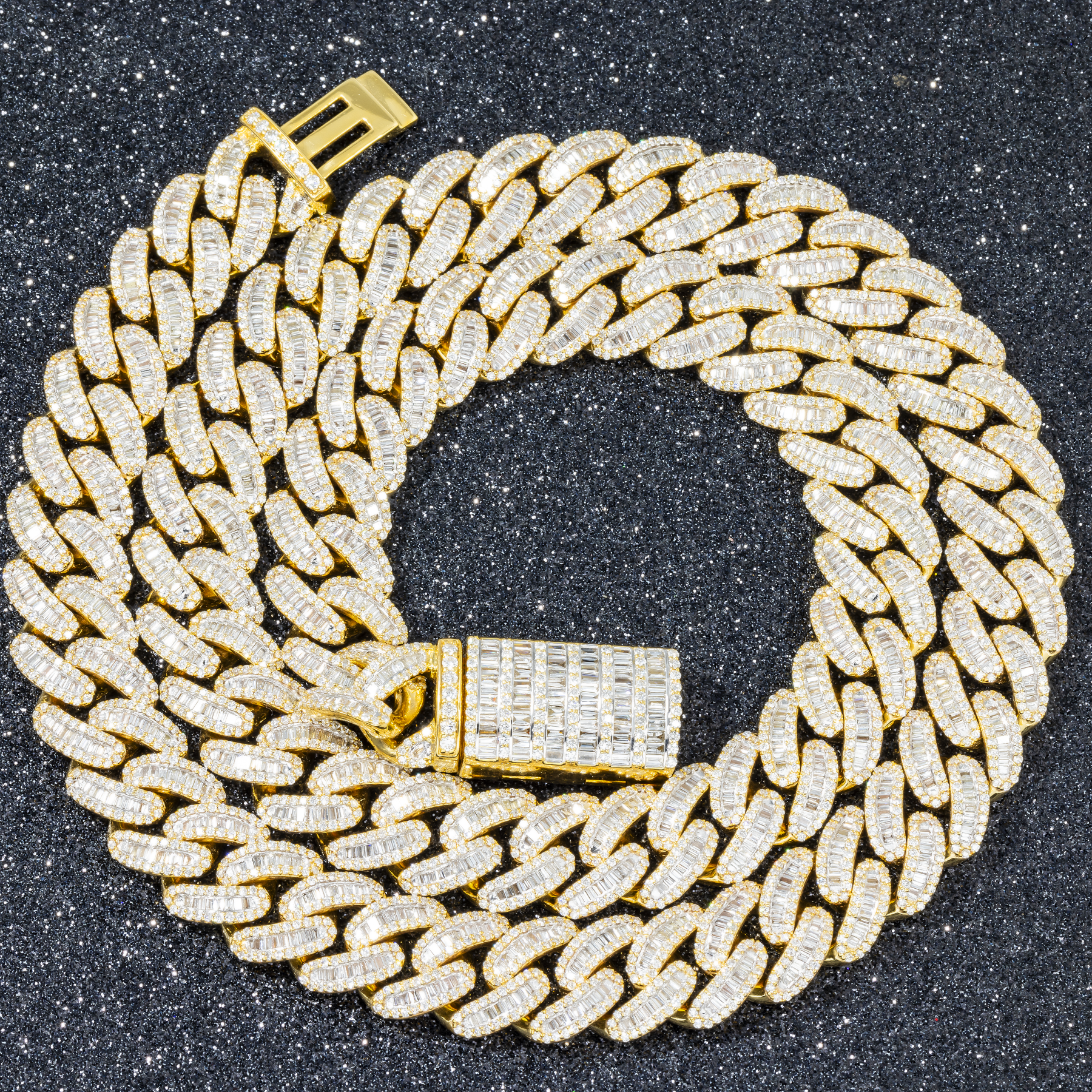 10K GOLD BAGUETTE AND ROUND DIAMOND 12MM OPEN CUBAN LINK CHAIN 18.86 CT