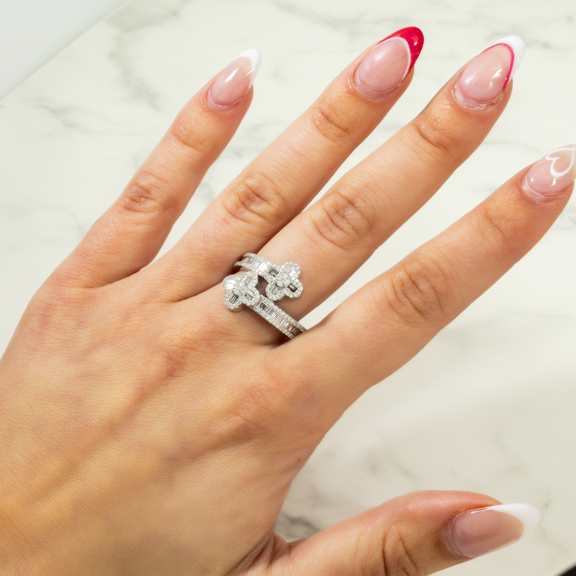 14K GOLD BAGUETTE AND ROUND DIAMOND DOUBLE CLOVER RING 1.09 CT