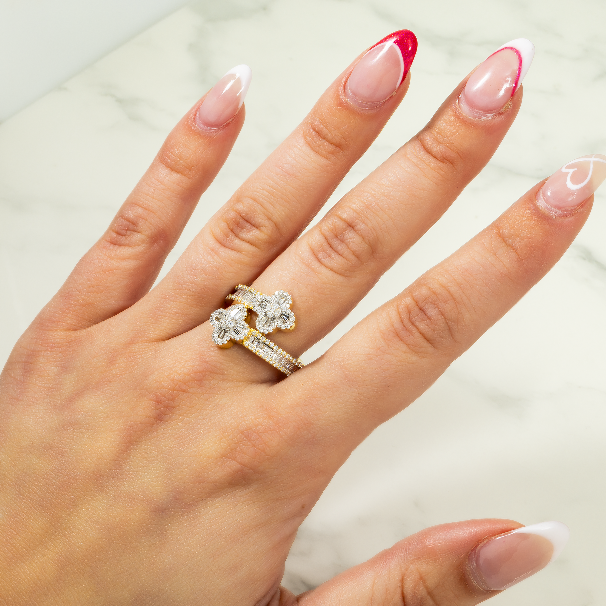 14K GOLD BAGUETTE AND ROUND DIAMOND DOUBLE CLOVER RING 1.09 CT