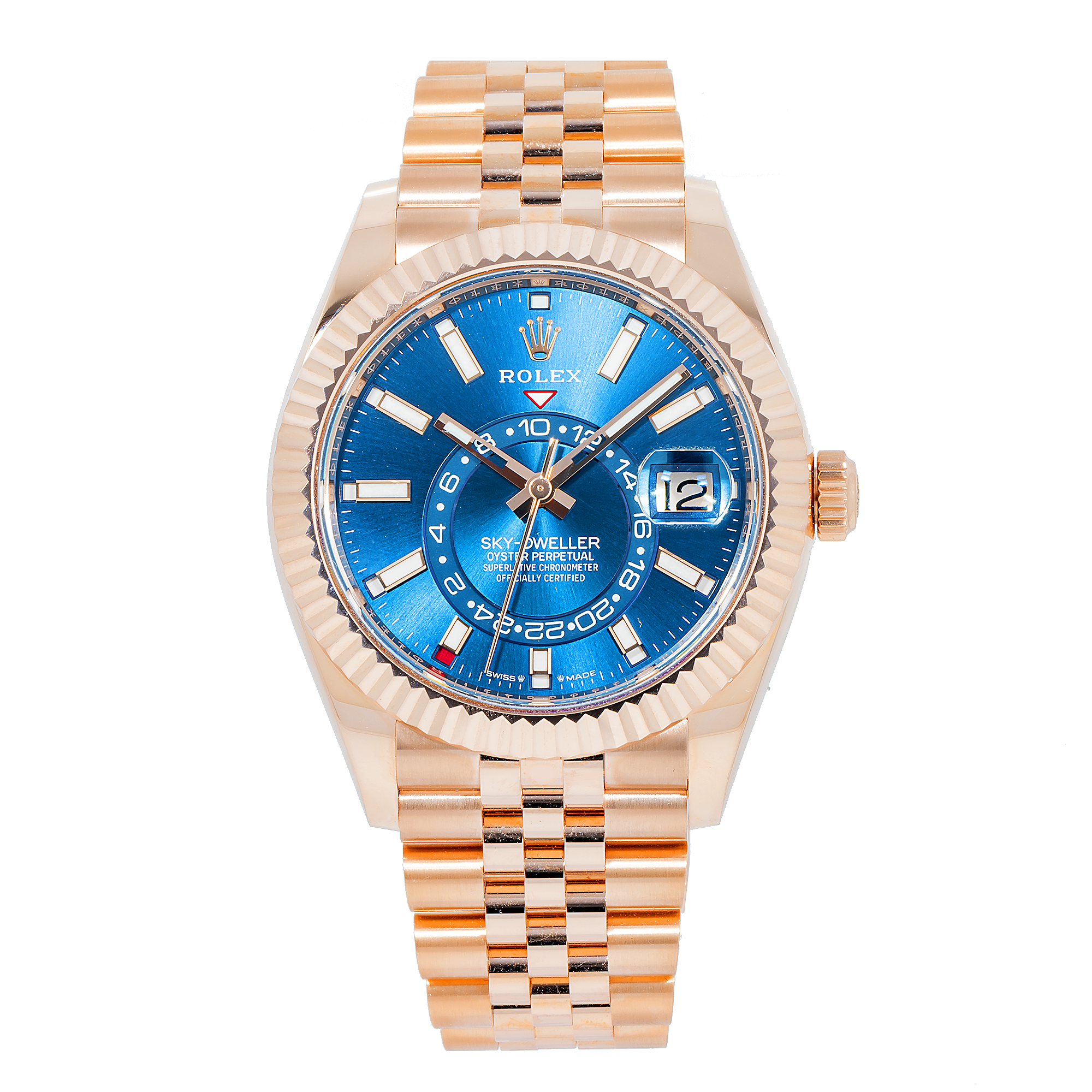 Rolex Sky-Dweller 42MM 336935 Blue Dial Rose Gold Fluted Bezel Rose Gold Jubilee Bracelet