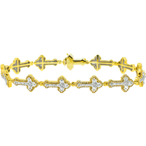 10K GOLD BAGUETTE DIAMOND POINTED EDGES CROSS BRACELET 1.70 CT