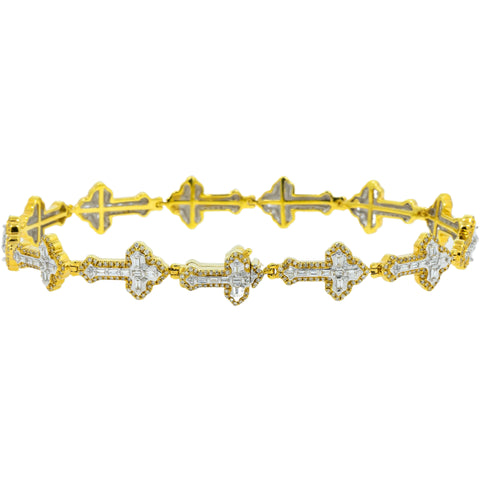 10K GOLD BAGUETTE DIAMOND POINTED EDGES CROSS BRACELET 1.70 CT