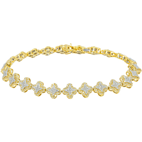 14K GOLD ROUND DIAMONDS WITH SINGLE BORDER CLOVER BRACELET 1.80 CT