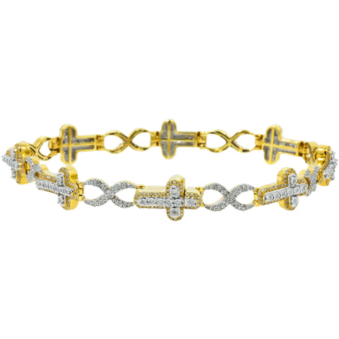 10K GOLD ROUND DIAMONDS HORIZONTAL CROSS INFINITY CHAIN BRACELET 1.95 CT