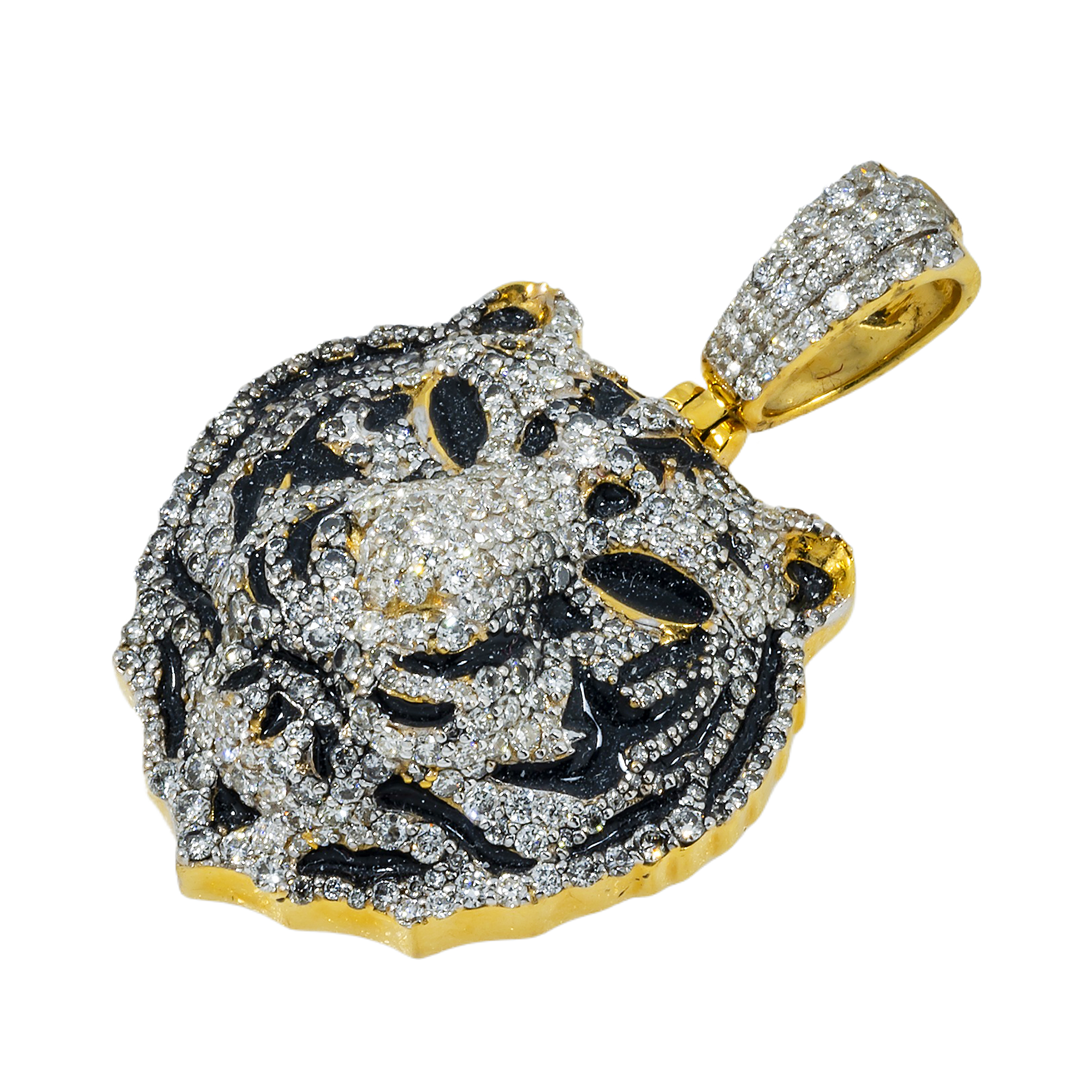 10K GOLD DIAMOND BLACK TIGER HEAD PENDANT 1.75 CT