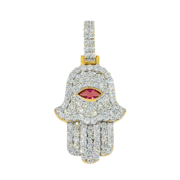 10K GOLD DIAMOND HAMSA WITH RED RUBY STONE PENDANT 1.00 CTW