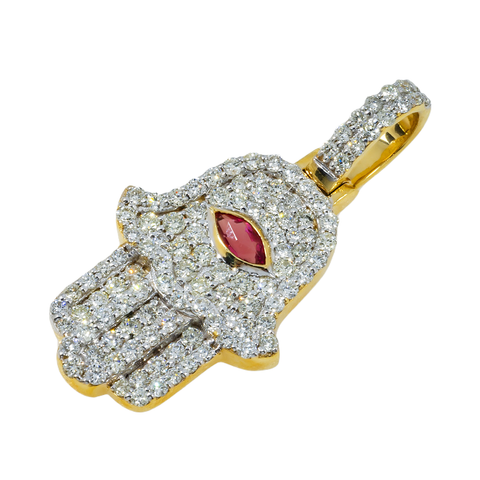 10K GOLD DIAMOND HAMSA WITH RED RUBY STONE PENDANT 1.00 CTW