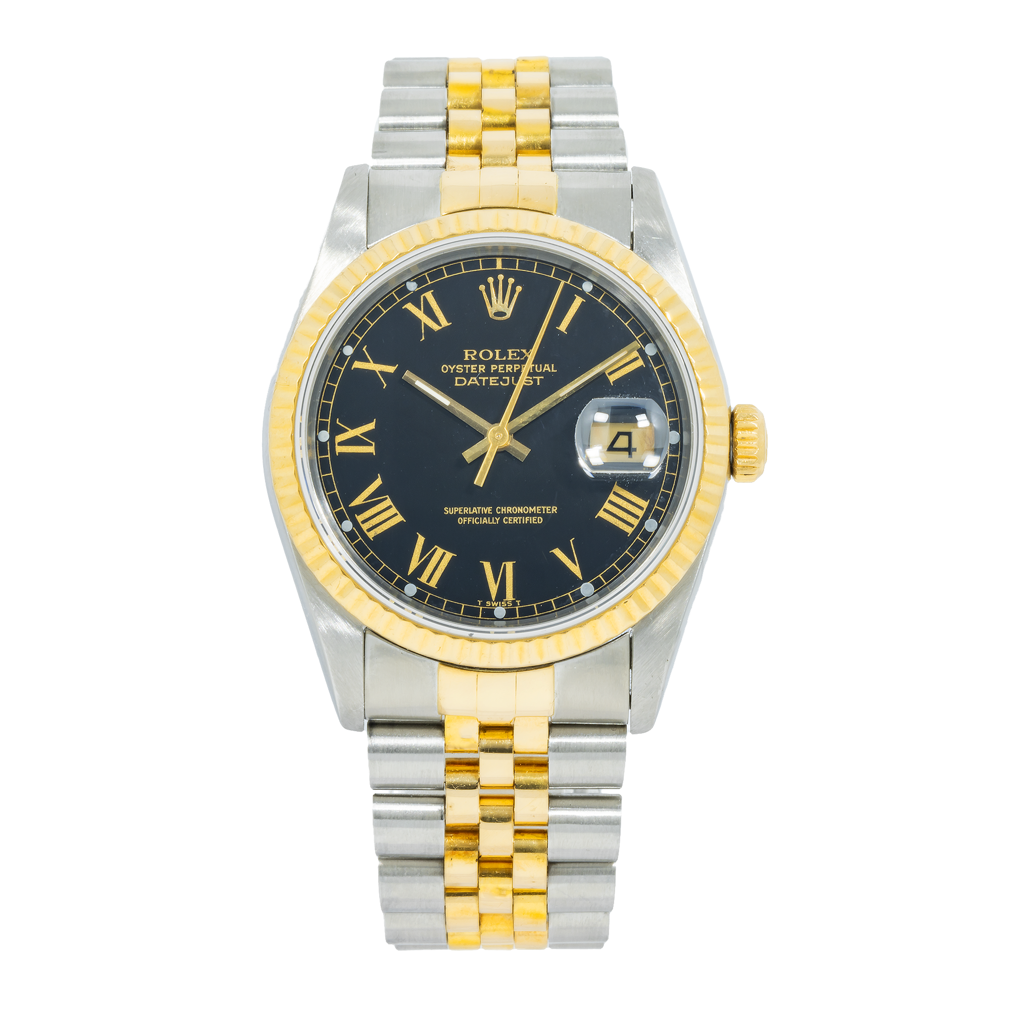 Rolex Datejust 36MM 16013 Black Roman Dial Yellow Gold Fluted Bezel Two Tone Jubilee Bracelet