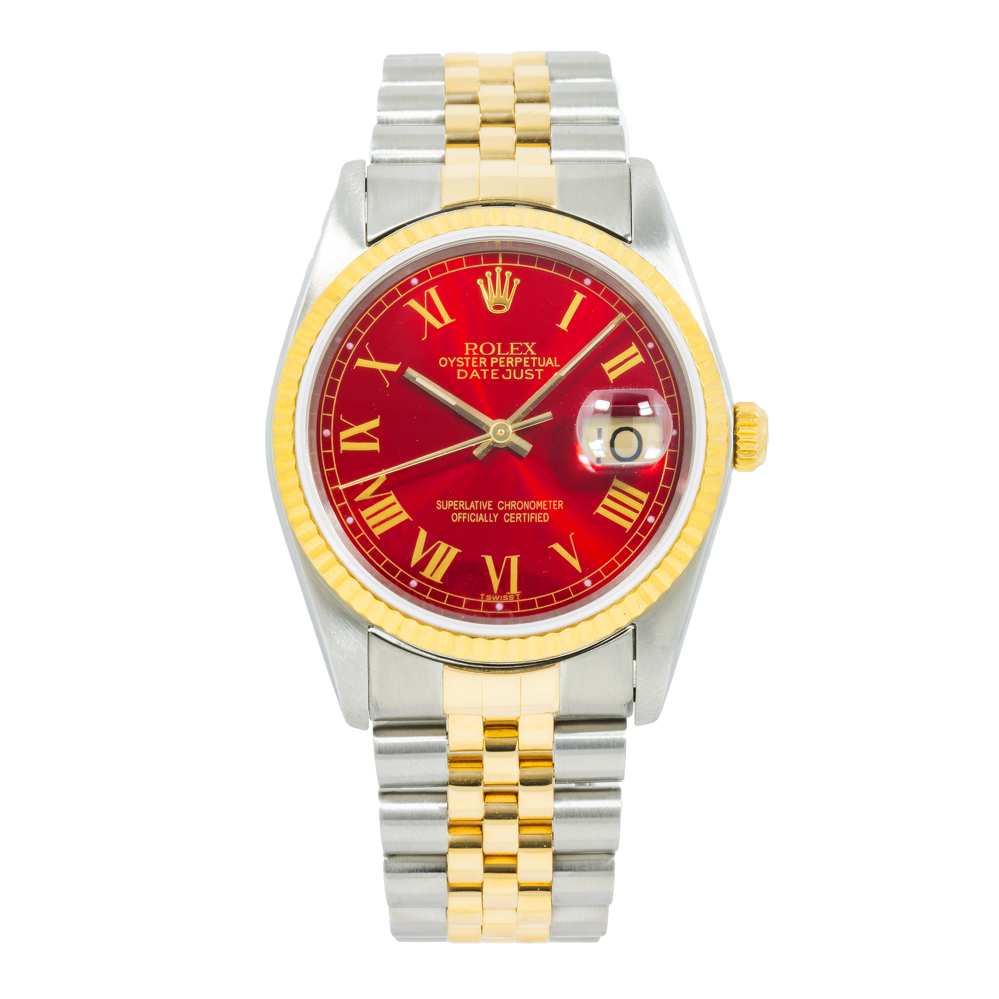 Rolex Datejust 36MM 16013 Red Roman Dial Fluted Bezel Two Tone Yellow Gold Jubilee Bracelet