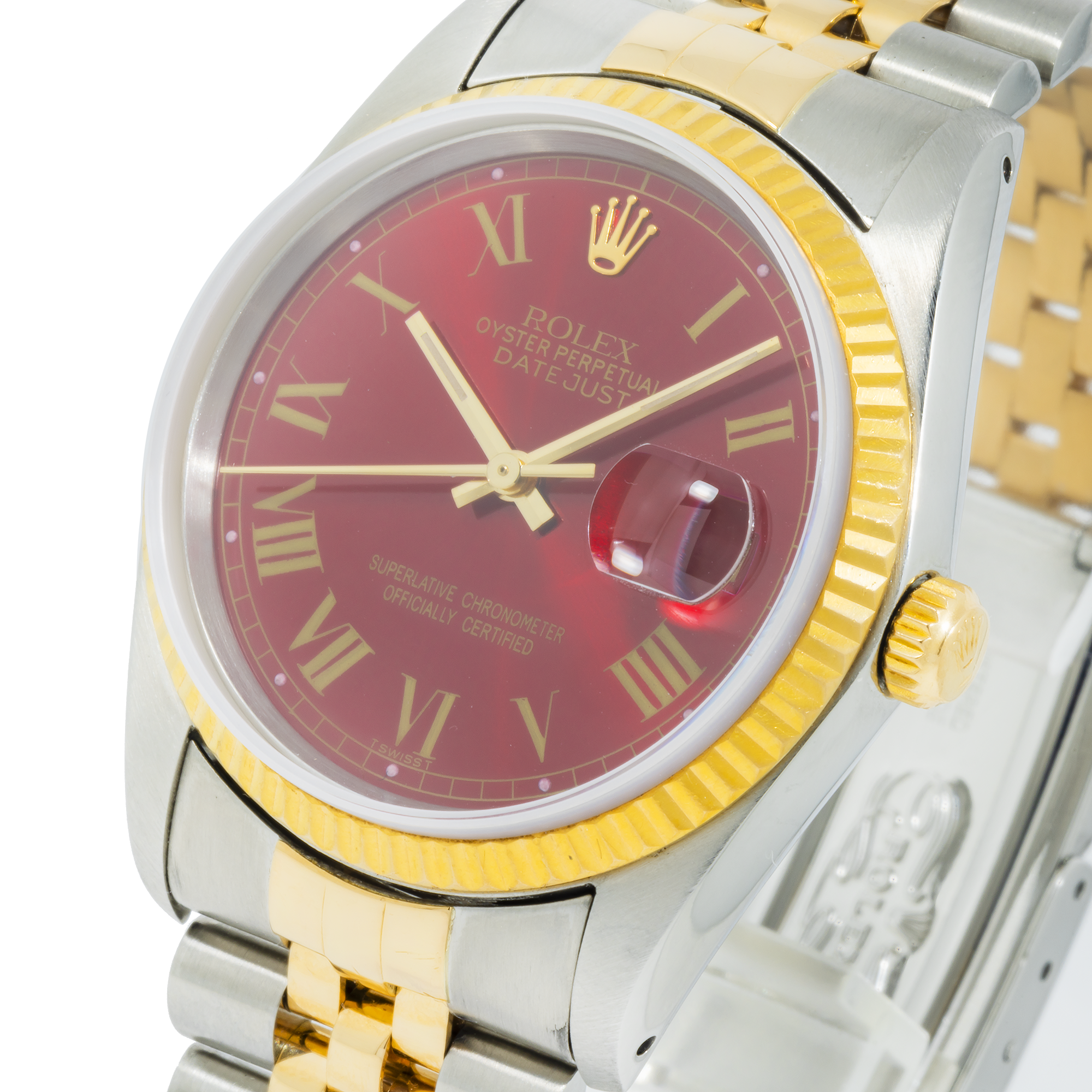 Rolex Datejust 36MM 16013 Red Roman Dial Fluted Bezel Two Tone Yellow Gold Jubilee Bracelet