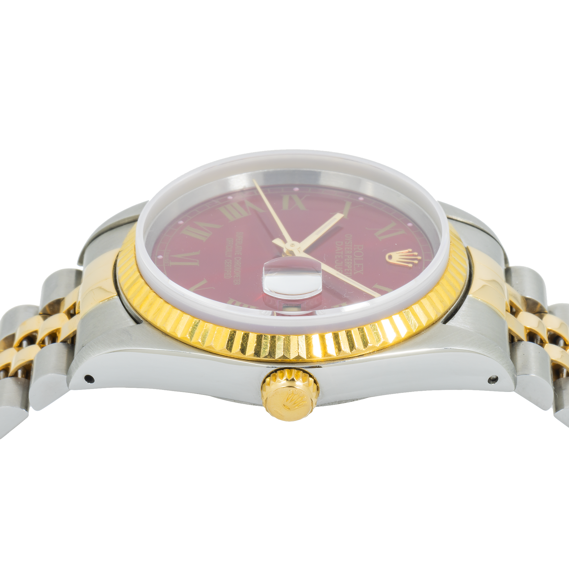 Rolex Datejust 36MM 16013 Red Roman Dial Fluted Bezel Two Tone Yellow Gold Jubilee Bracelet