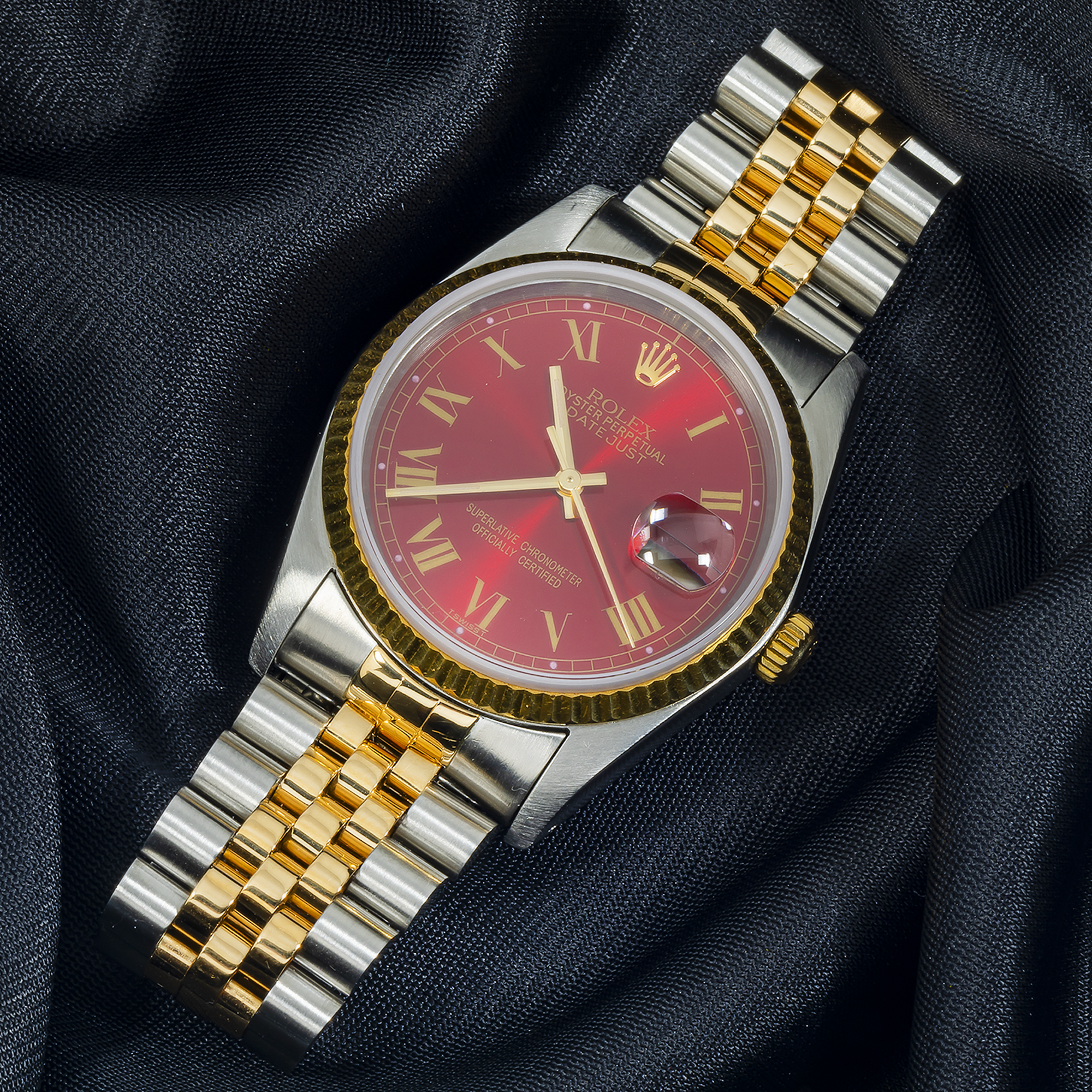 Rolex Datejust 36MM 16013 Red Roman Dial Fluted Bezel Two Tone Yellow Gold Jubilee Bracelet