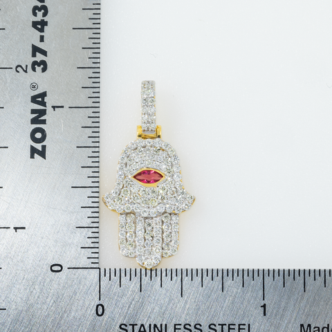 10K GOLD DIAMOND HAMSA WITH RED RUBY STONE PENDANT 1.00 CTW