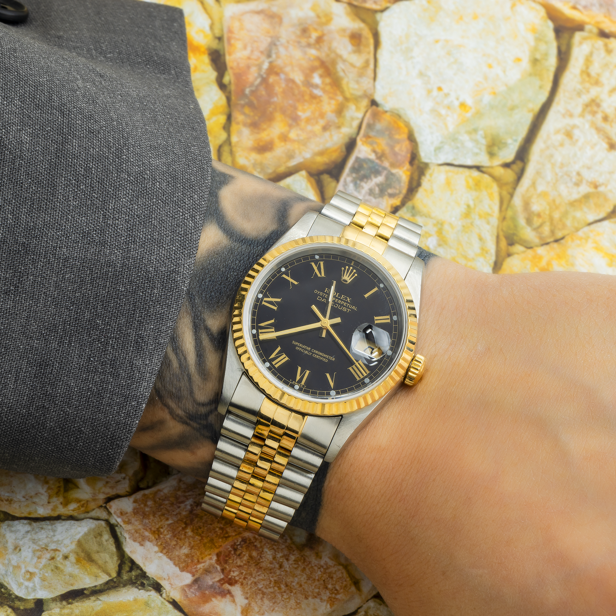 Rolex Datejust 36MM 16013 Black Roman Dial Fluted Bezel Two Tone Yellow Gold Jubilee Bracelet