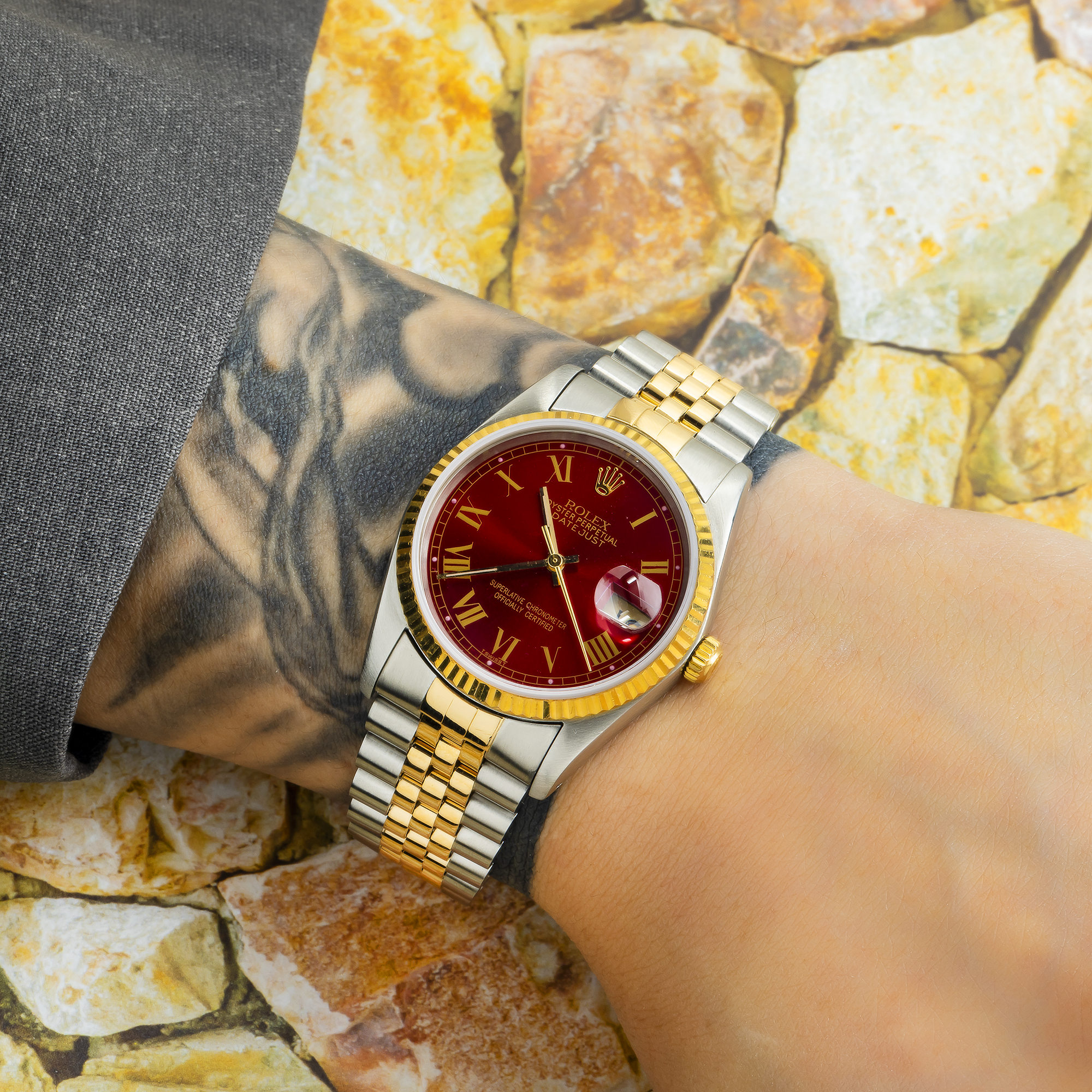 Rolex Datejust 36MM 16013 Red Roman Dial Fluted Bezel Two Tone Yellow Gold Jubilee Bracelet