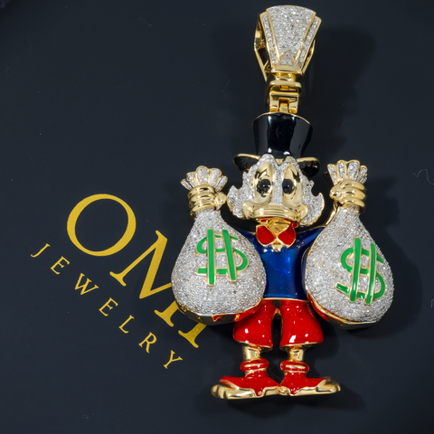 10K GOLD DIAMOND DUCK WITH MONEY BAGS PENDANT 1.50 CTW