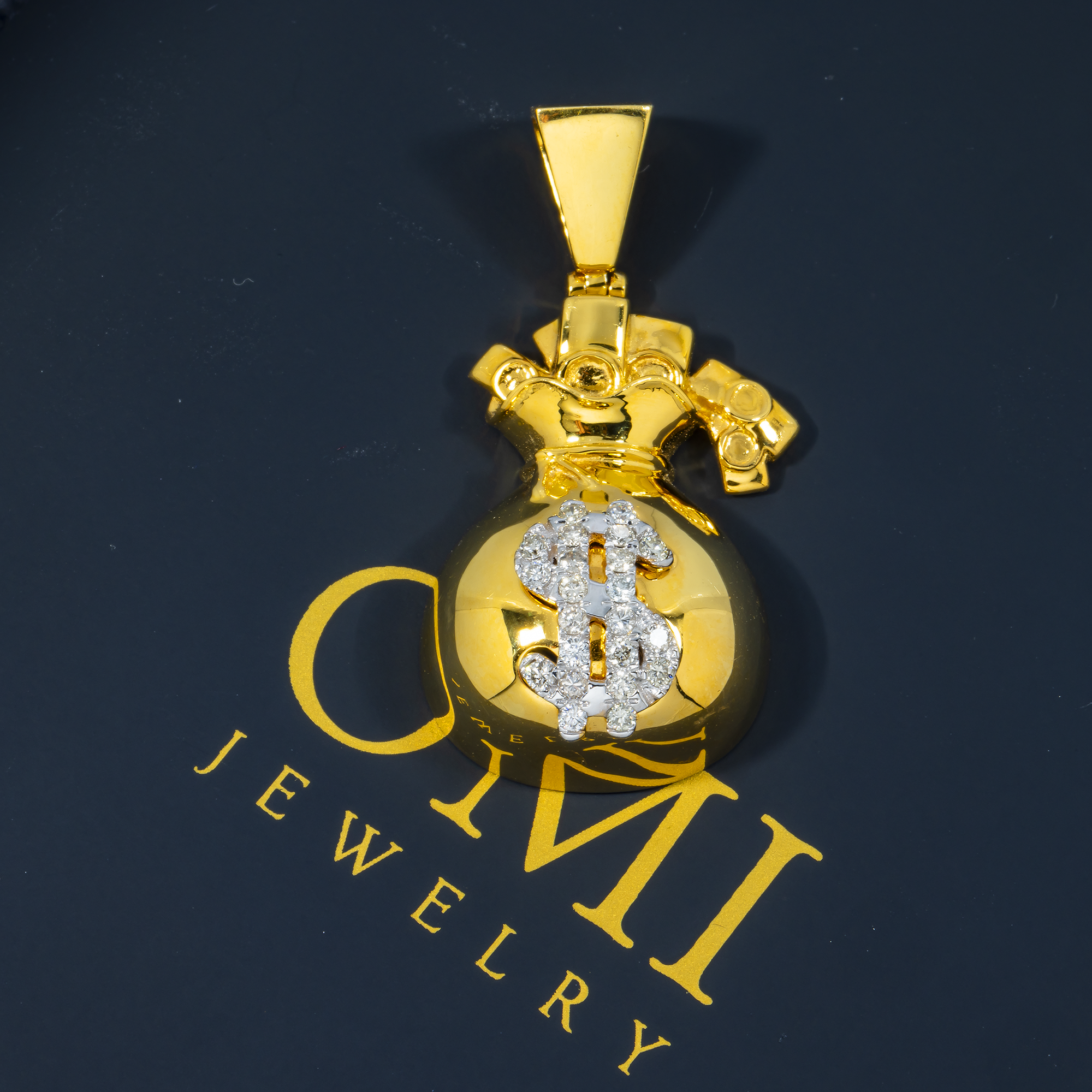 10K GOLD DIAMOND DOLLAR SIGN MONEY BAG PENDANT 0.50 CT