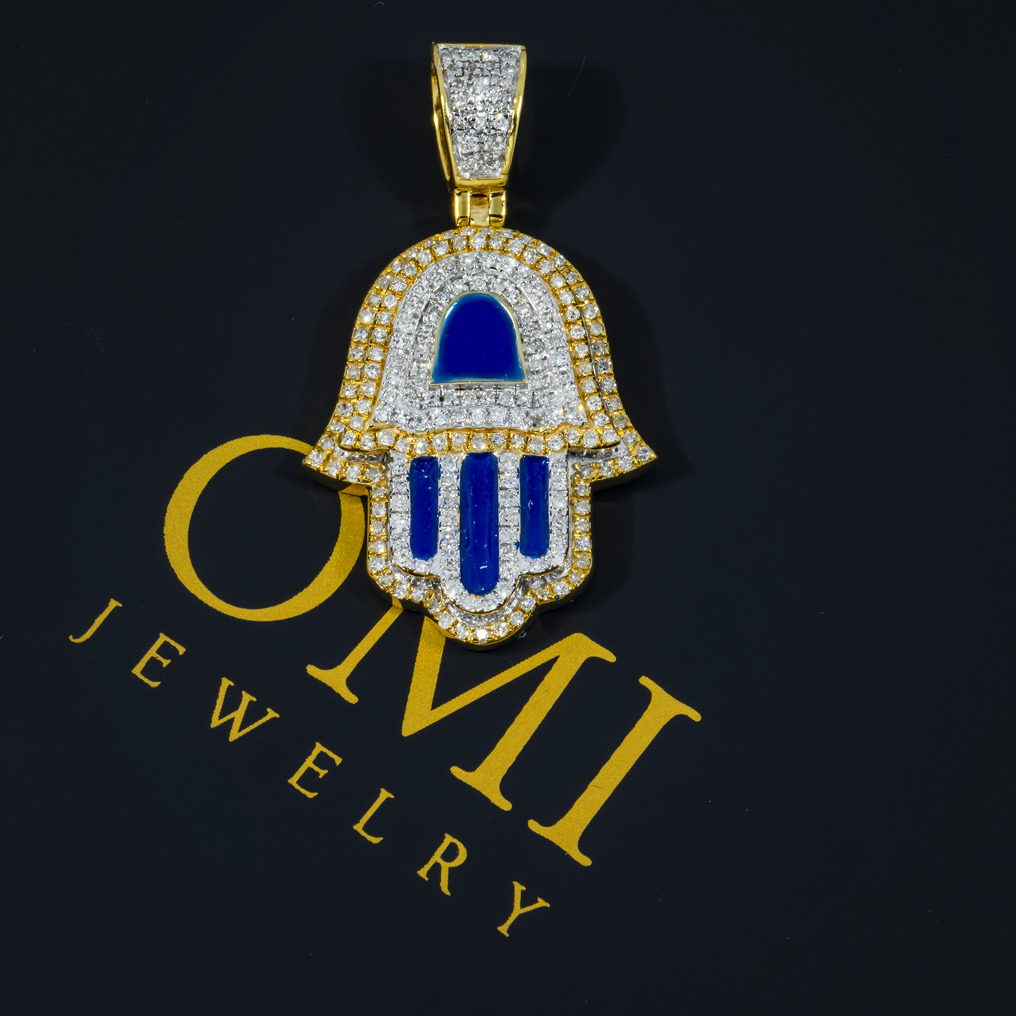 14K GOLD DIAMOND AND BLUE ENAMEL HAMSA PENDANT 0.80 CT
